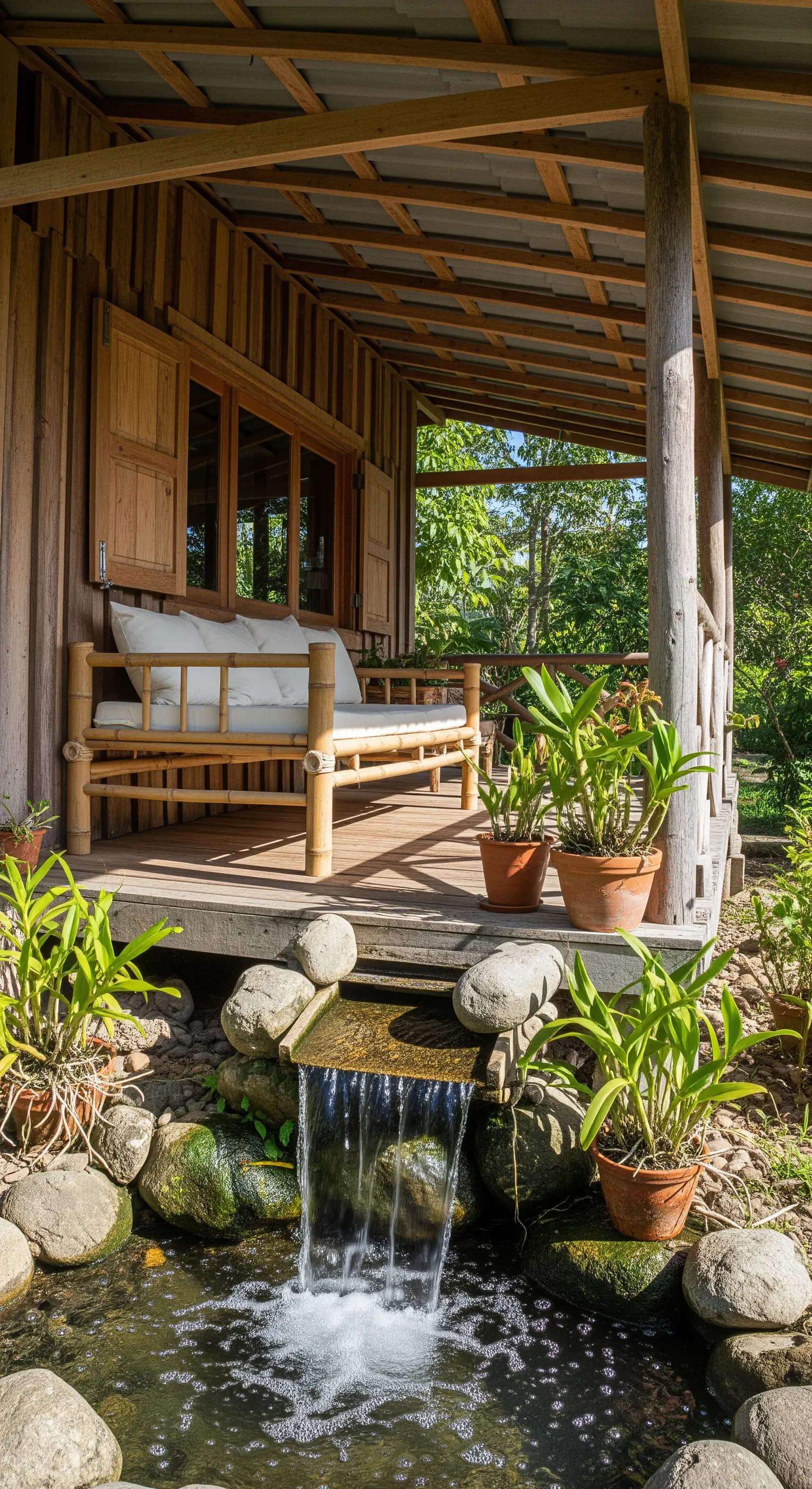 Portico di una capanna in legno con un piccolo stagno e una cascata di roccia sottostante.