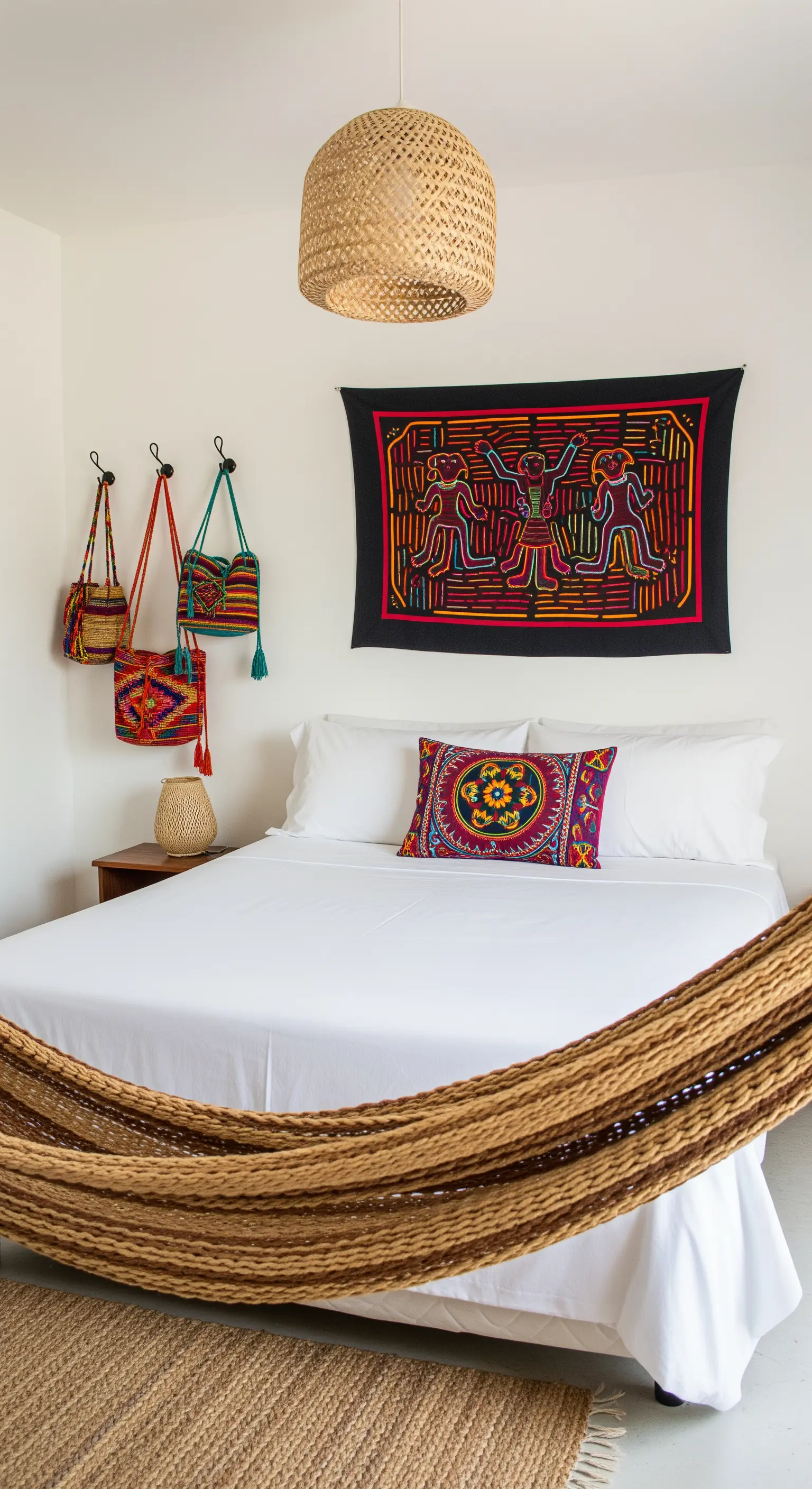 Camera da letto bianca con arazzo Mola, borse colorate appese e un'amaca.