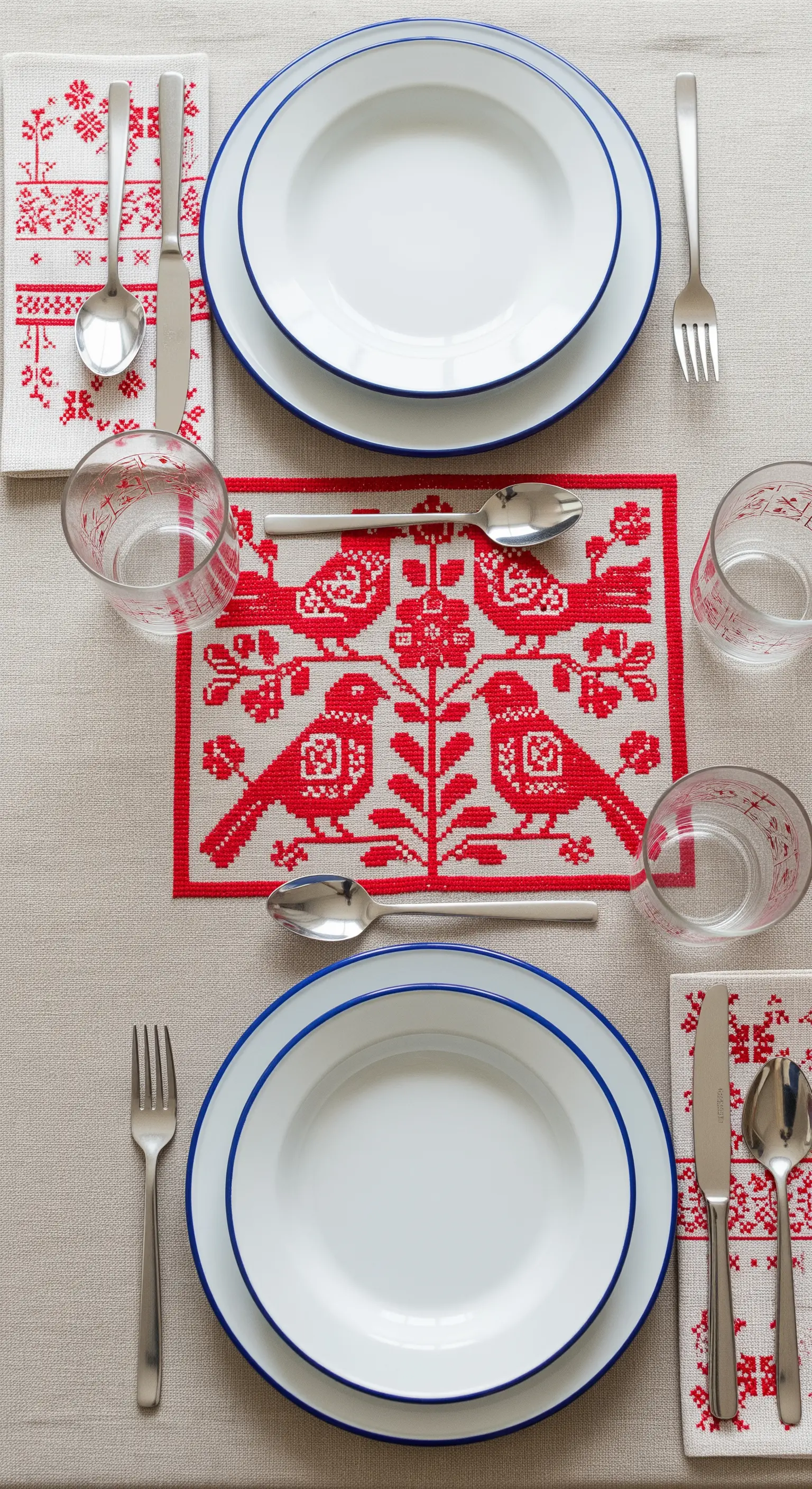 Posto tavola con tovaglietta ricamata a motivi folk rossi e piatti smaltati bianchi e blu.