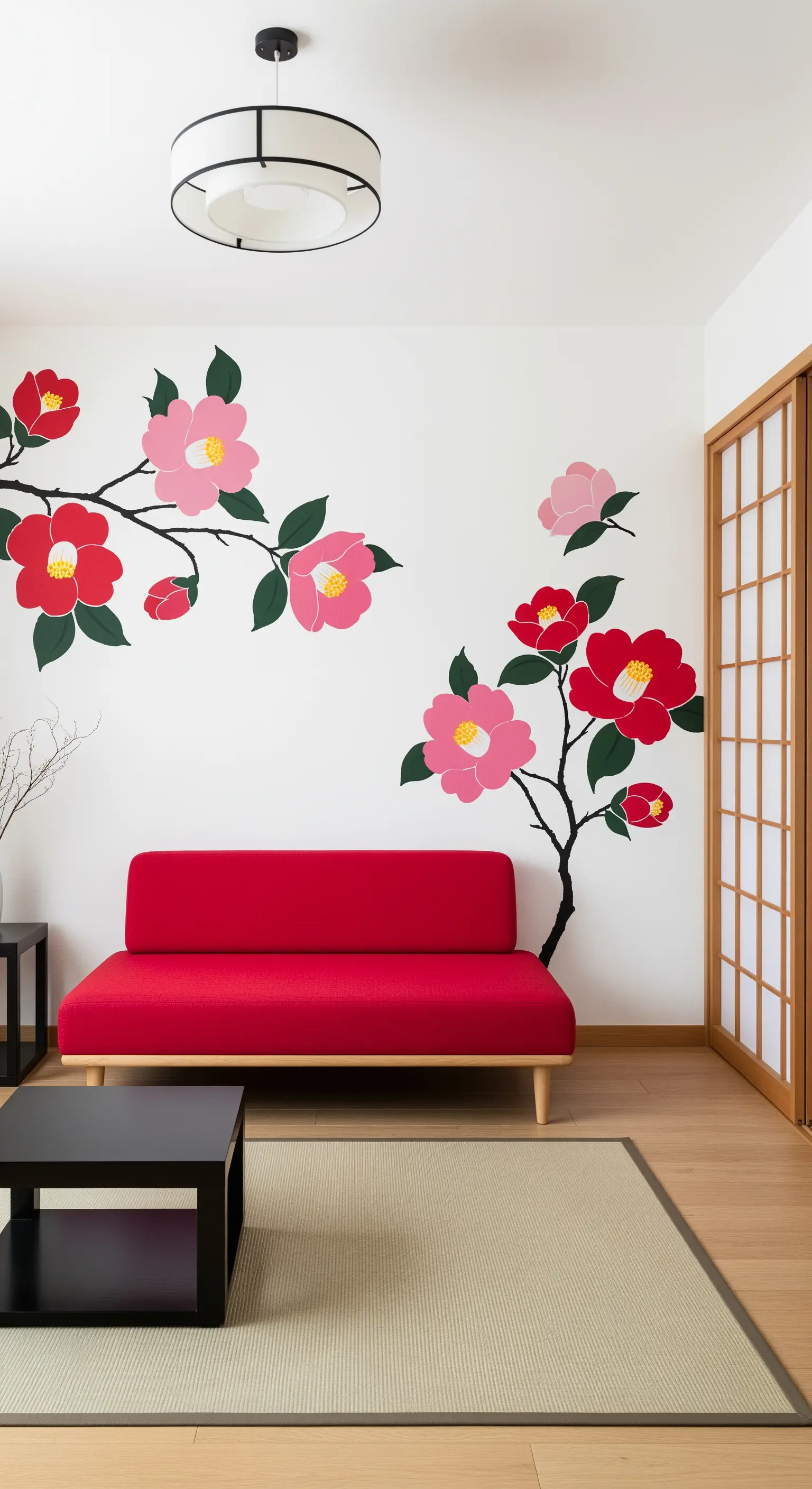 Soggiorno in stile giapponese con sticker murale a forma di camelia e divano rosso minimalista.