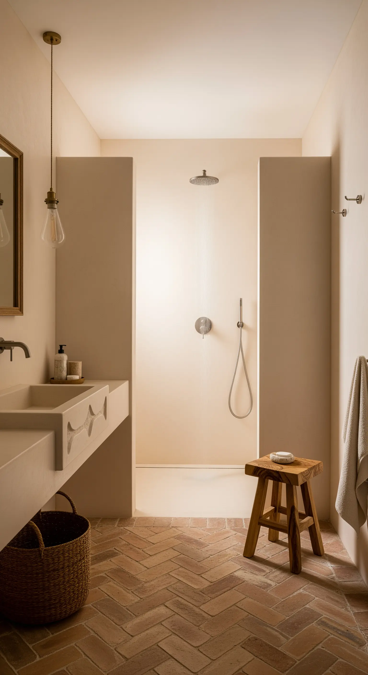 Bagno minimalista con pavimento in cotto, doccia in microcemento e lavabo integrato.