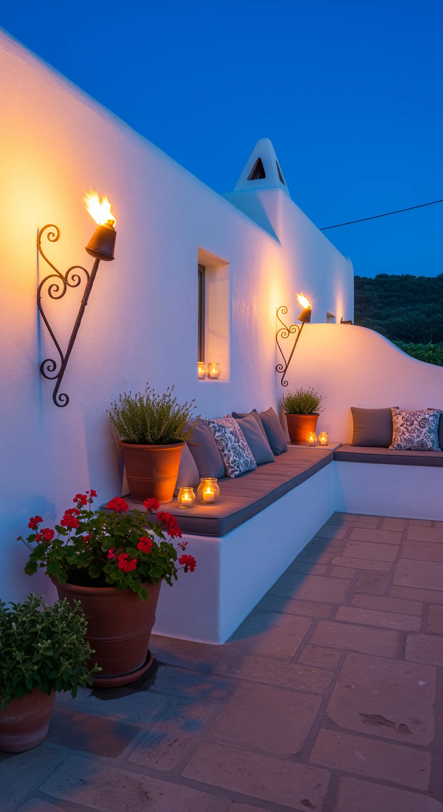 Patio mediterraneo con pareti bianche, sedute in muratura e torce in ferro battuto.