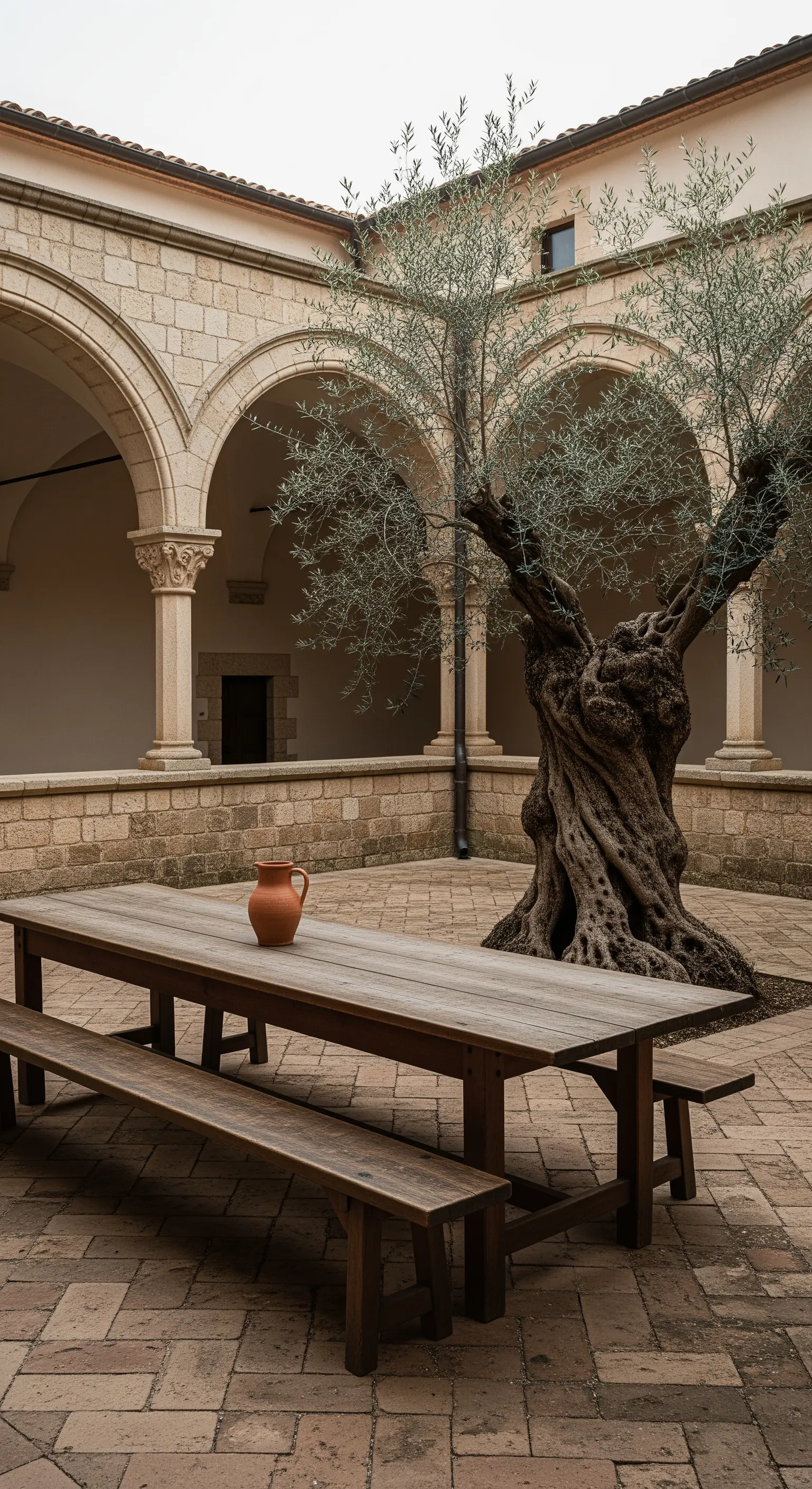Cortile con porticato, un ulivo secolare e un grande tavolo da picnic in legno.