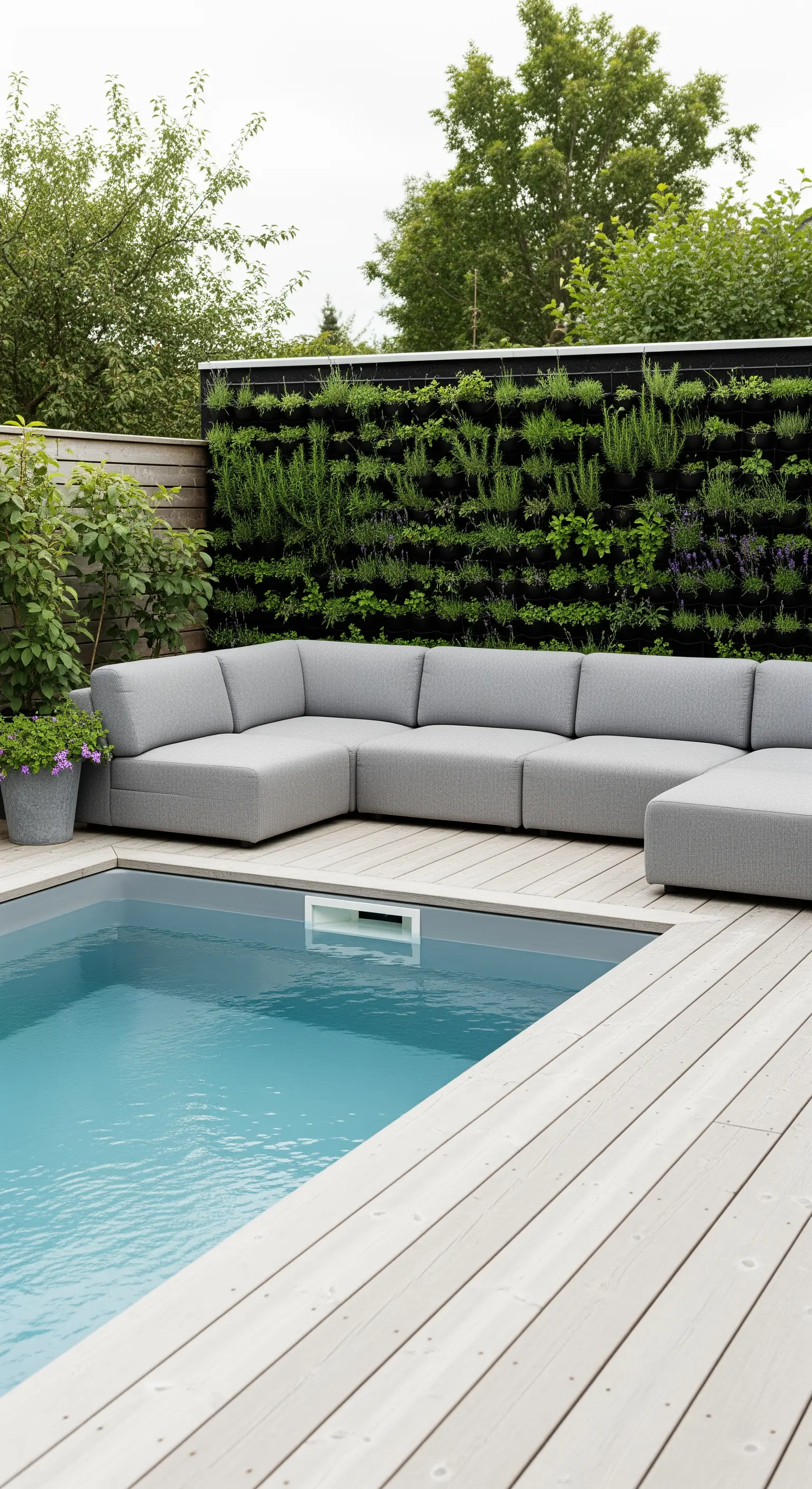 Piscina con decking in legno chiaro, divano modulare grigio e un orto verticale.