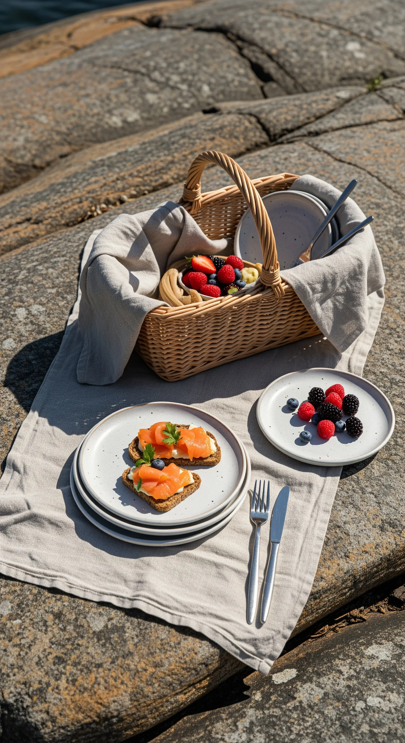 Picnic in stile scandinavo su rocce con piatti in gres, salmone e frutti di bosco.