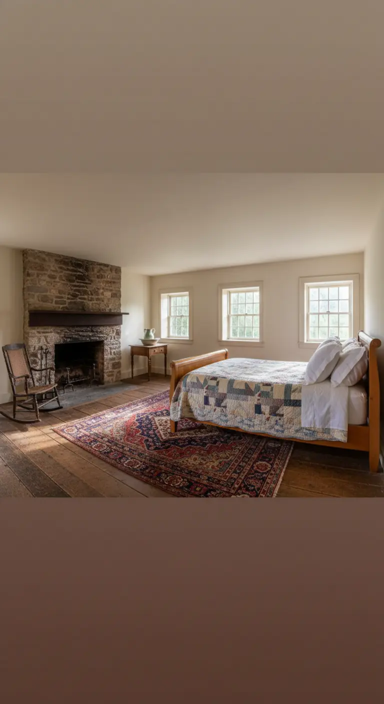Camera da letto rustica con camino in pietra, letto in legno e trapunta patchwork.