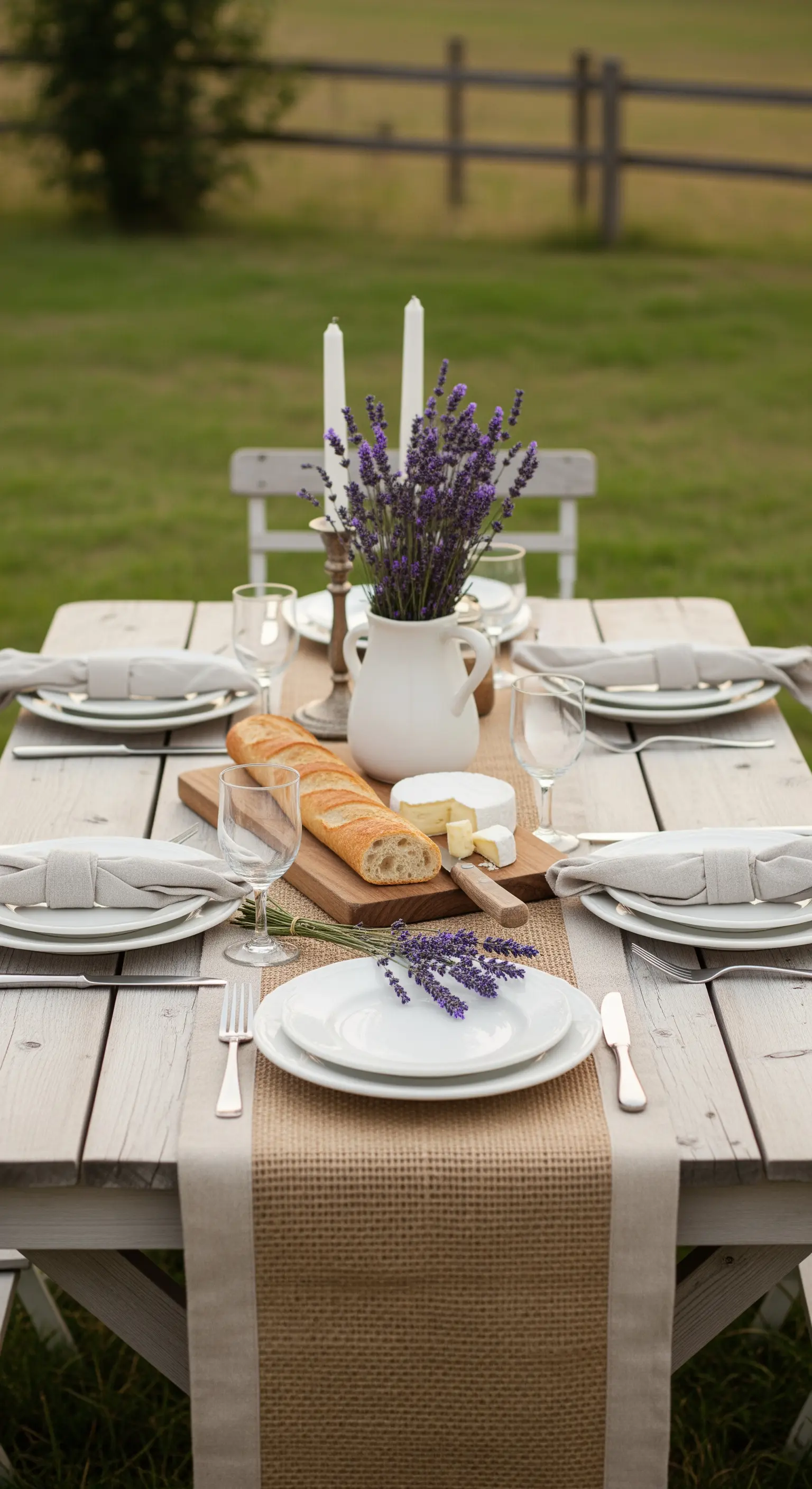Tavola provenzale all'aperto con runner in juta e decorazioni di lavanda fresca.