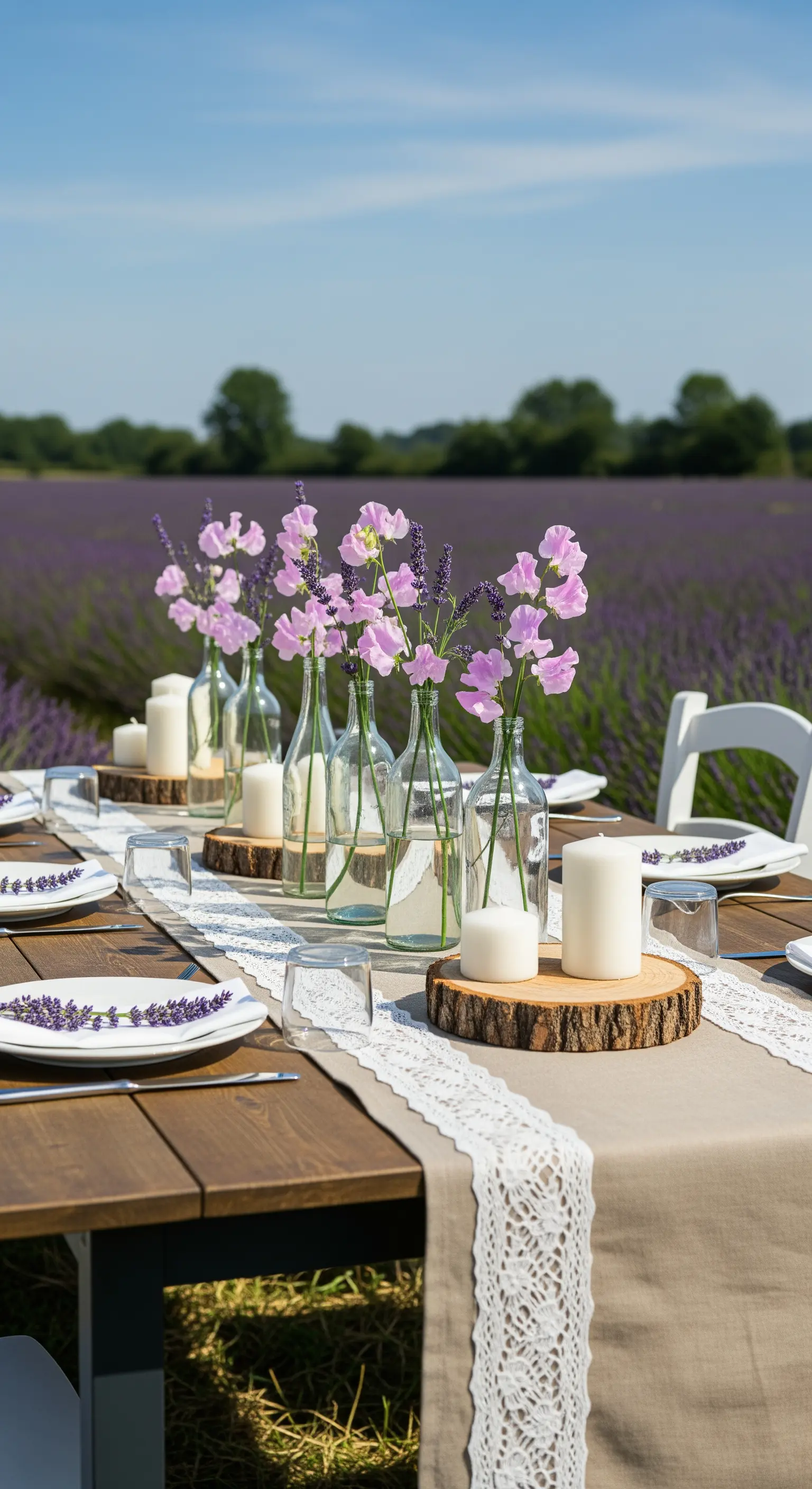 Tavola in un campo di lavanda con runner in pizzo, fiori in bottiglie e candele su tronchi.