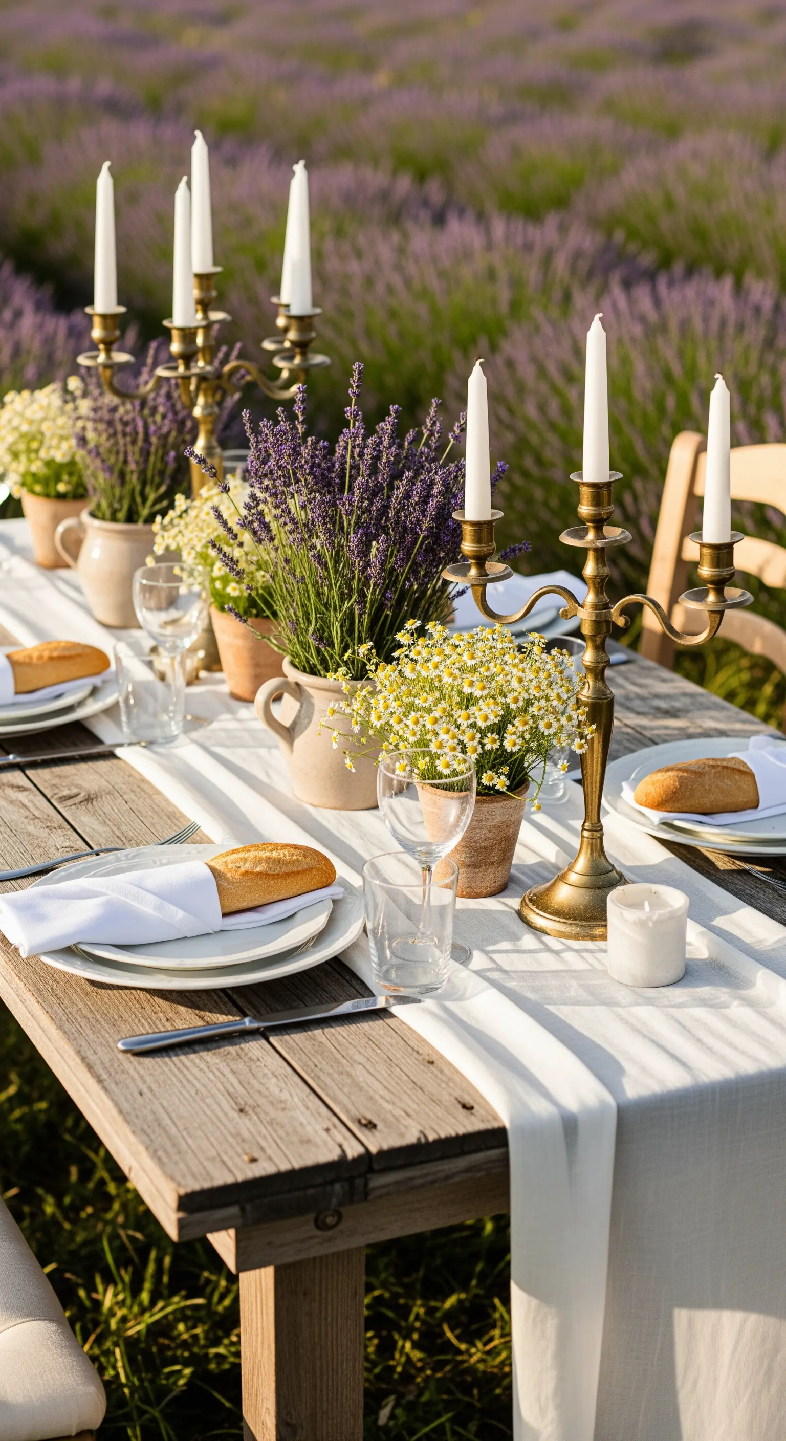 Tavola rustica in un campo di lavanda con vasi di terracotta e pane fresco.