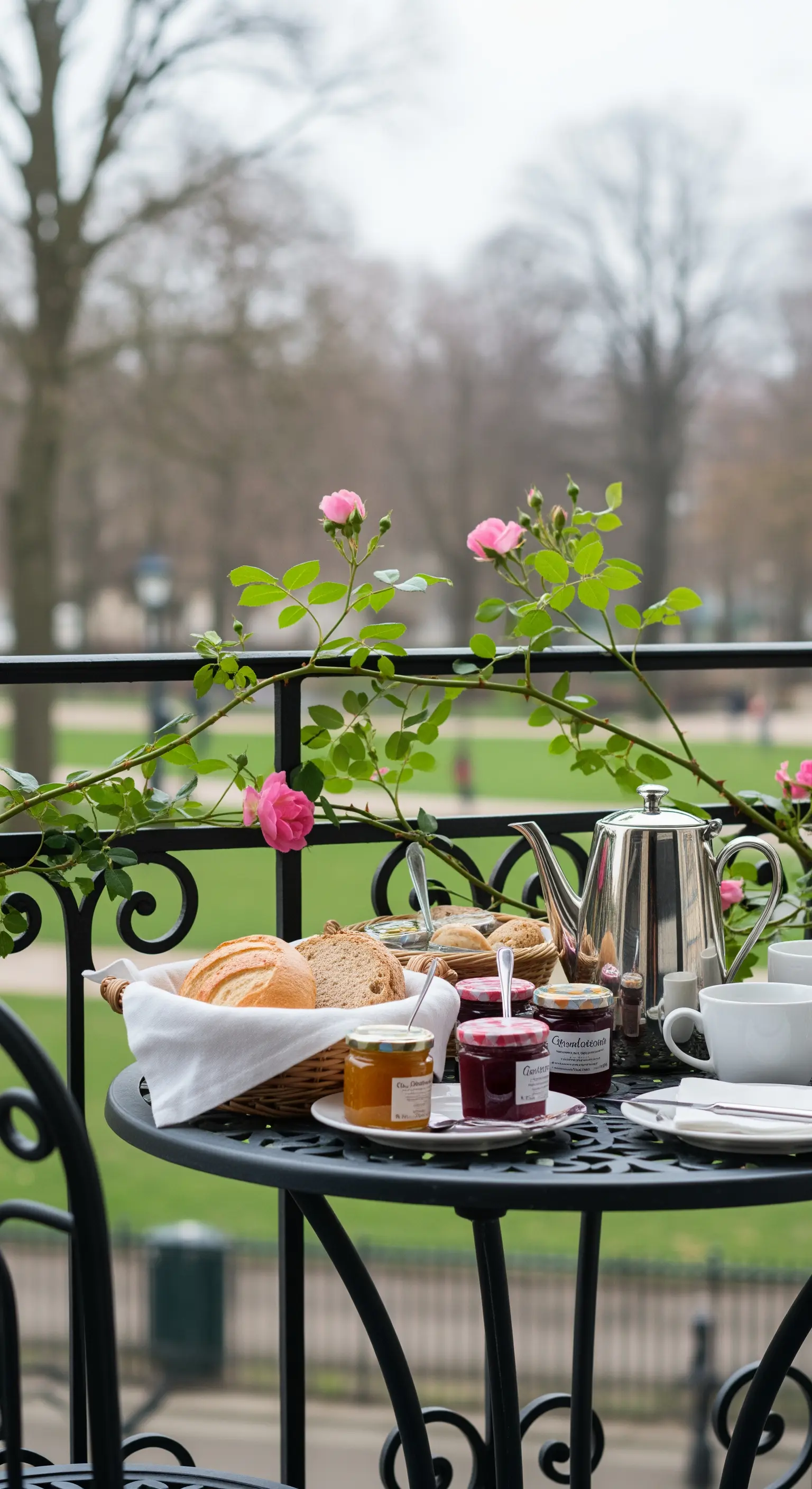 Colazione su un tavolo in ferro battuto nero, con pane e marmellate e rose sullo sfondo