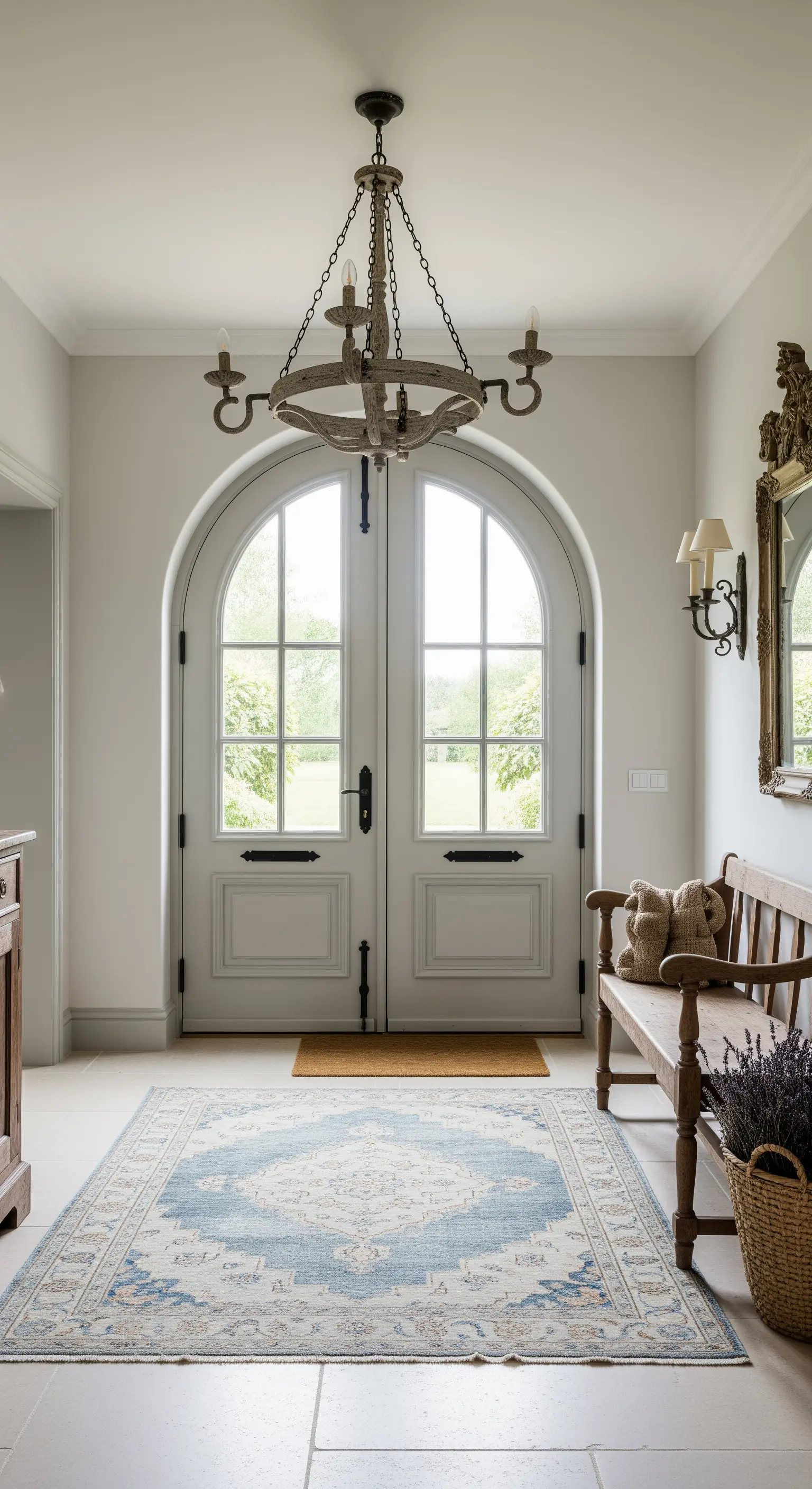 Ingresso farmhouse con porta bianca ad arco, panca in legno e lampadario rustico.