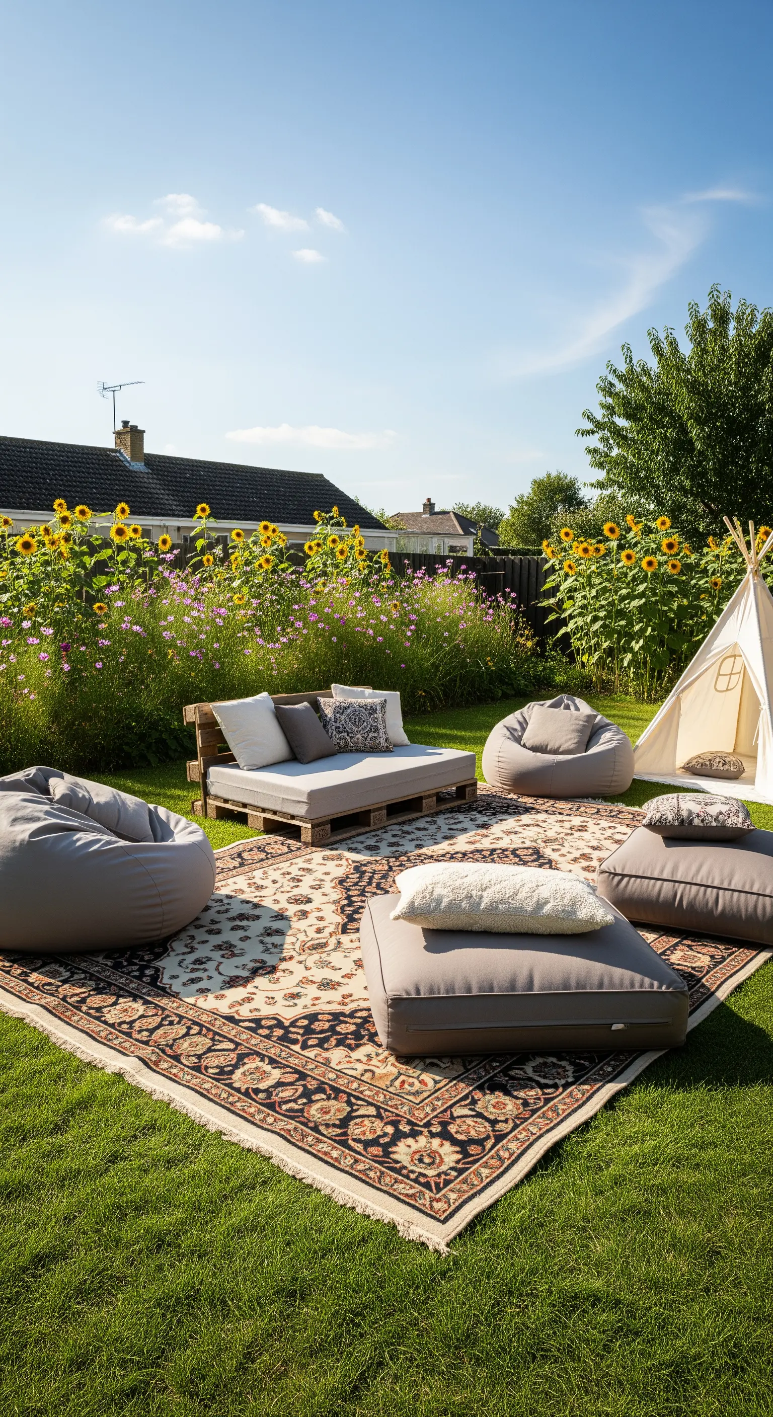 Giardino con divano in pallet, pouf a sacco grigi, tappeto e una tenda tepee per bambini.