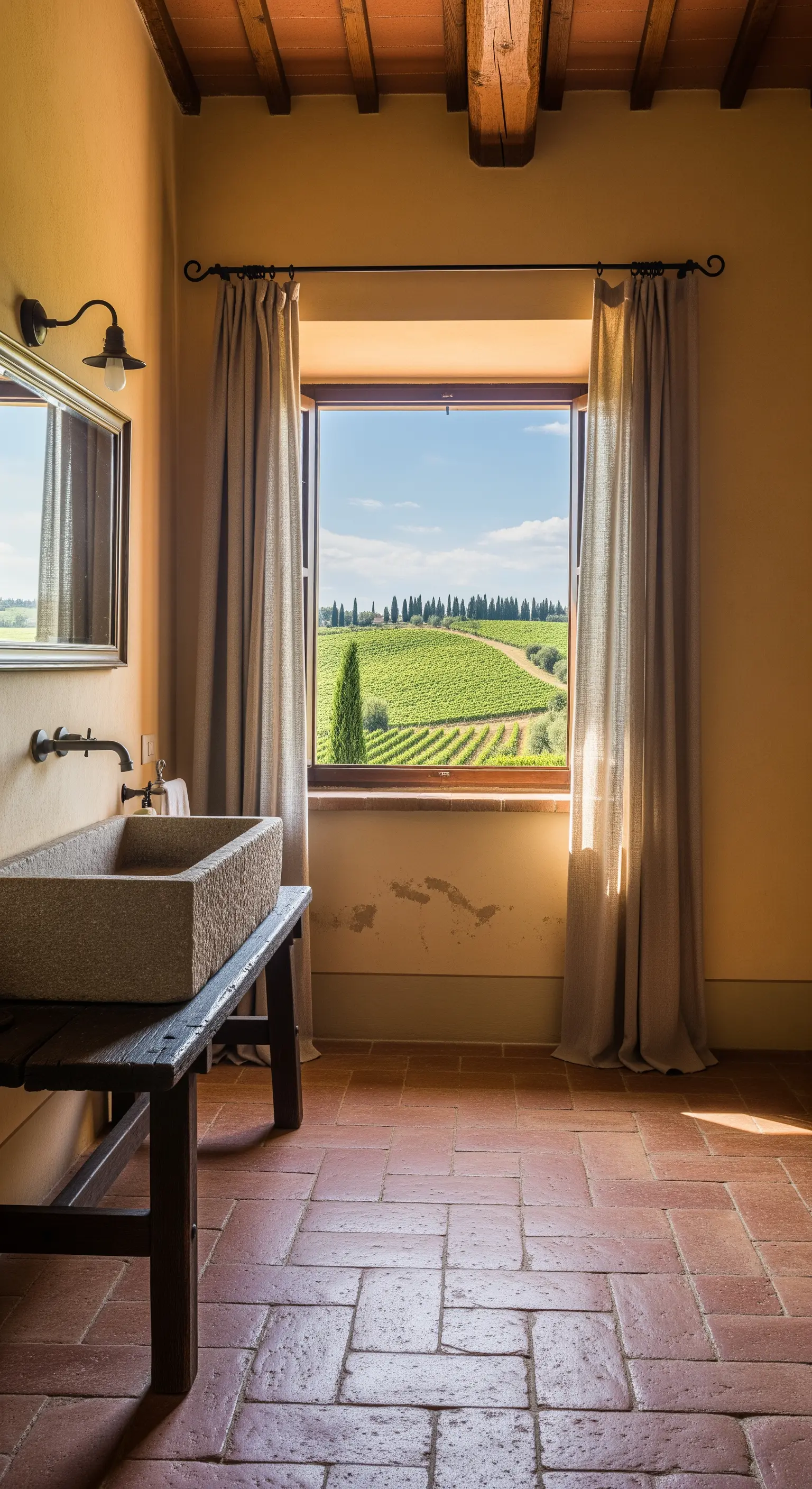 Bagno rustico con lavabo in pietra, pavimento in cotto e finestra con vista sulle colline toscane.