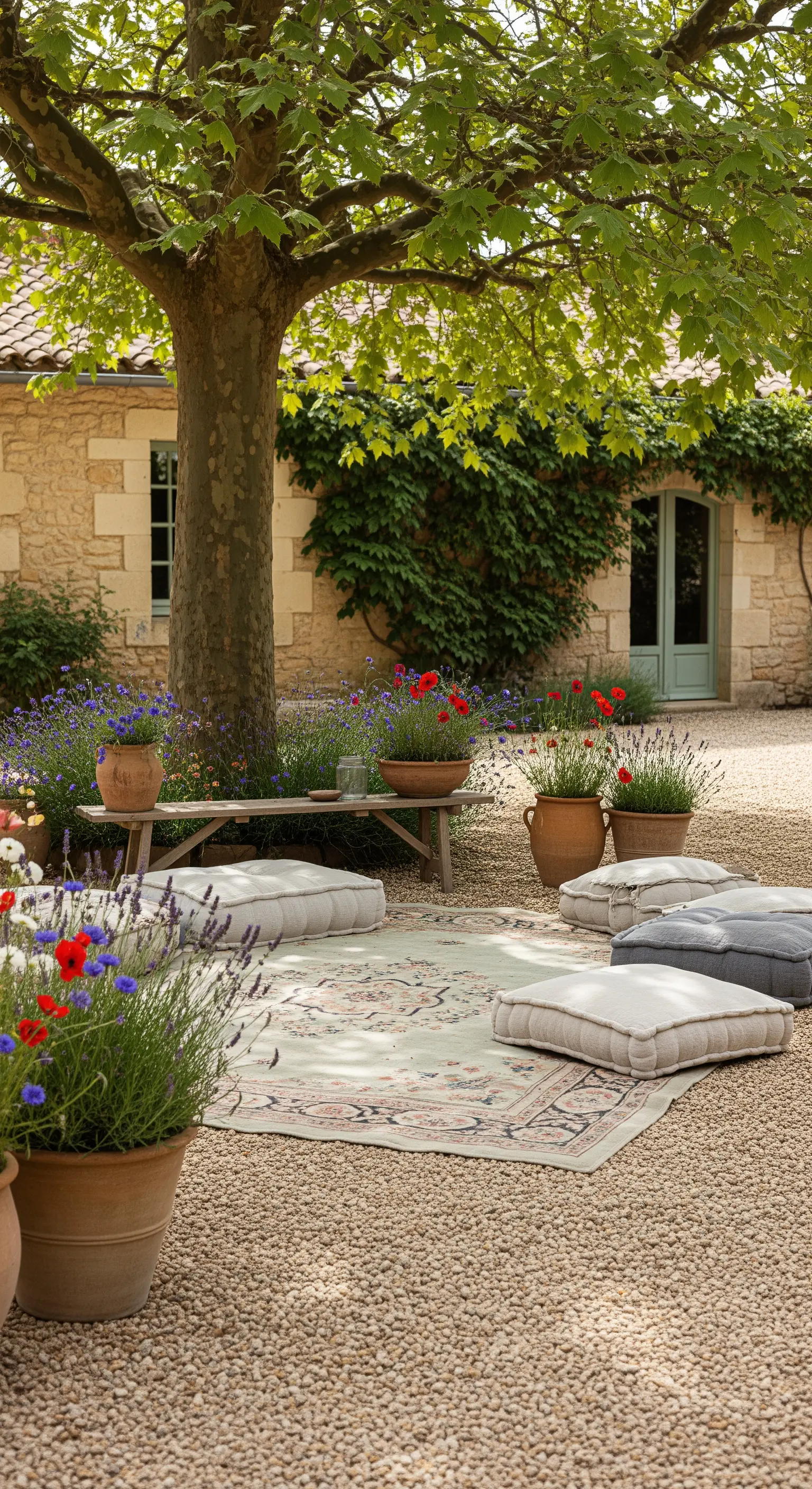 Area relax sotto un albero con tappeto chiaro su ghiaia, cuscini da pavimento e una panca.