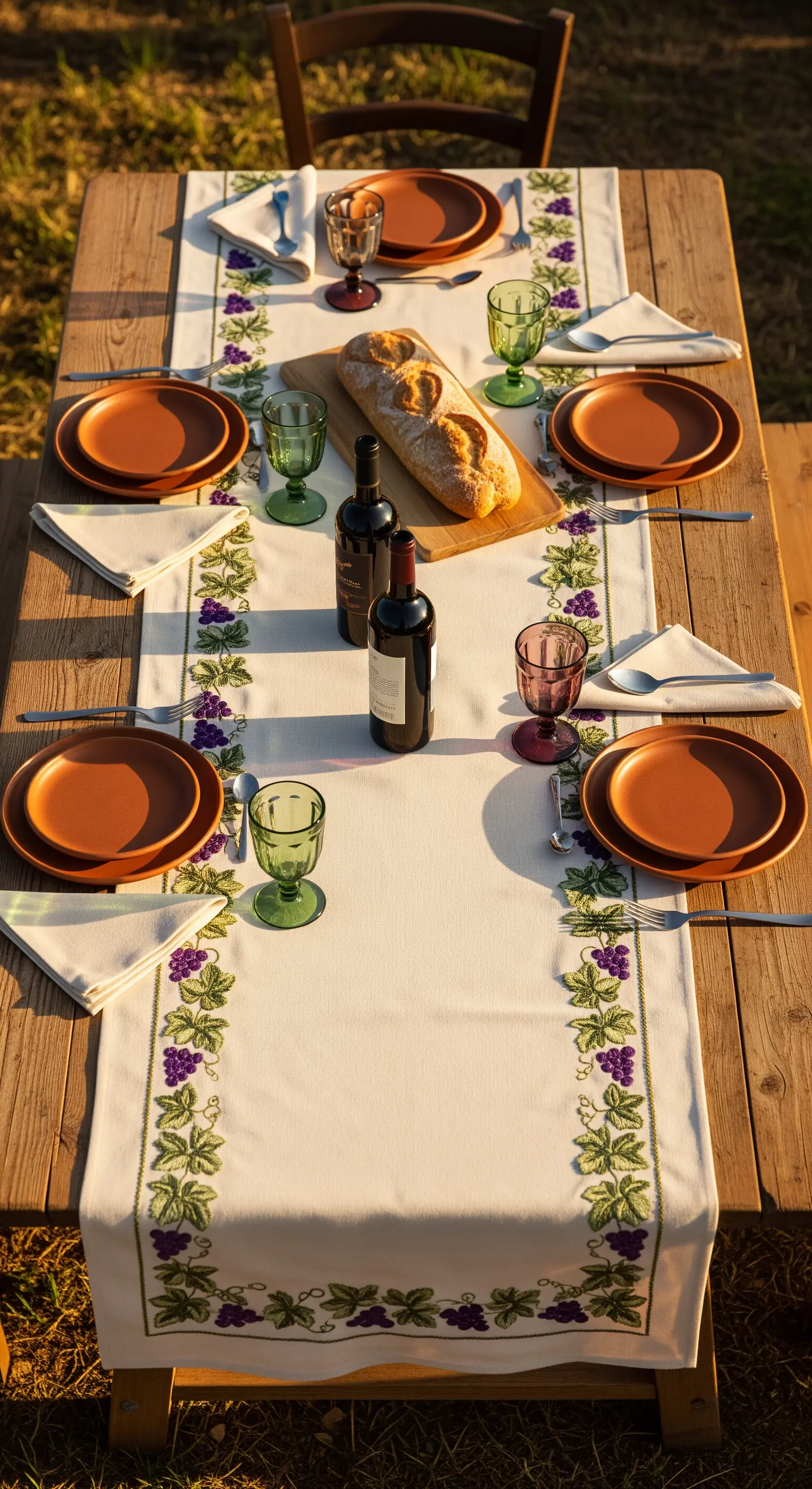 Tavola rustica con runner ricamato a uva, piatti in terracotta e bicchieri da osteria.