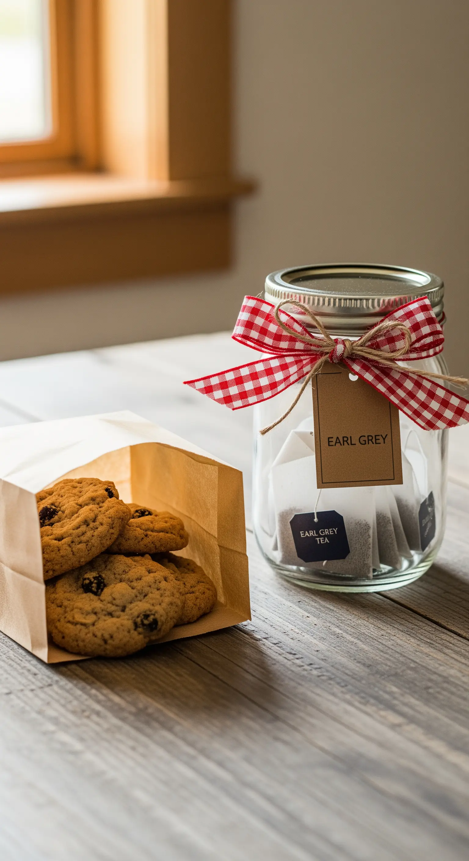 Barattolo di vetro con bustine di tè Earl Grey e un sacchetto di biscotti al cioccolato.