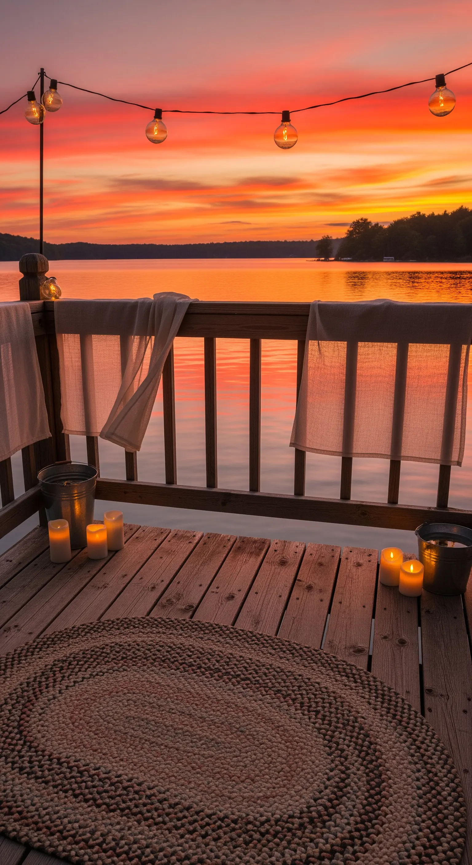 Pontile in legno sul lago al tramonto, con tappeto in juta, candele e luci a bulbo.