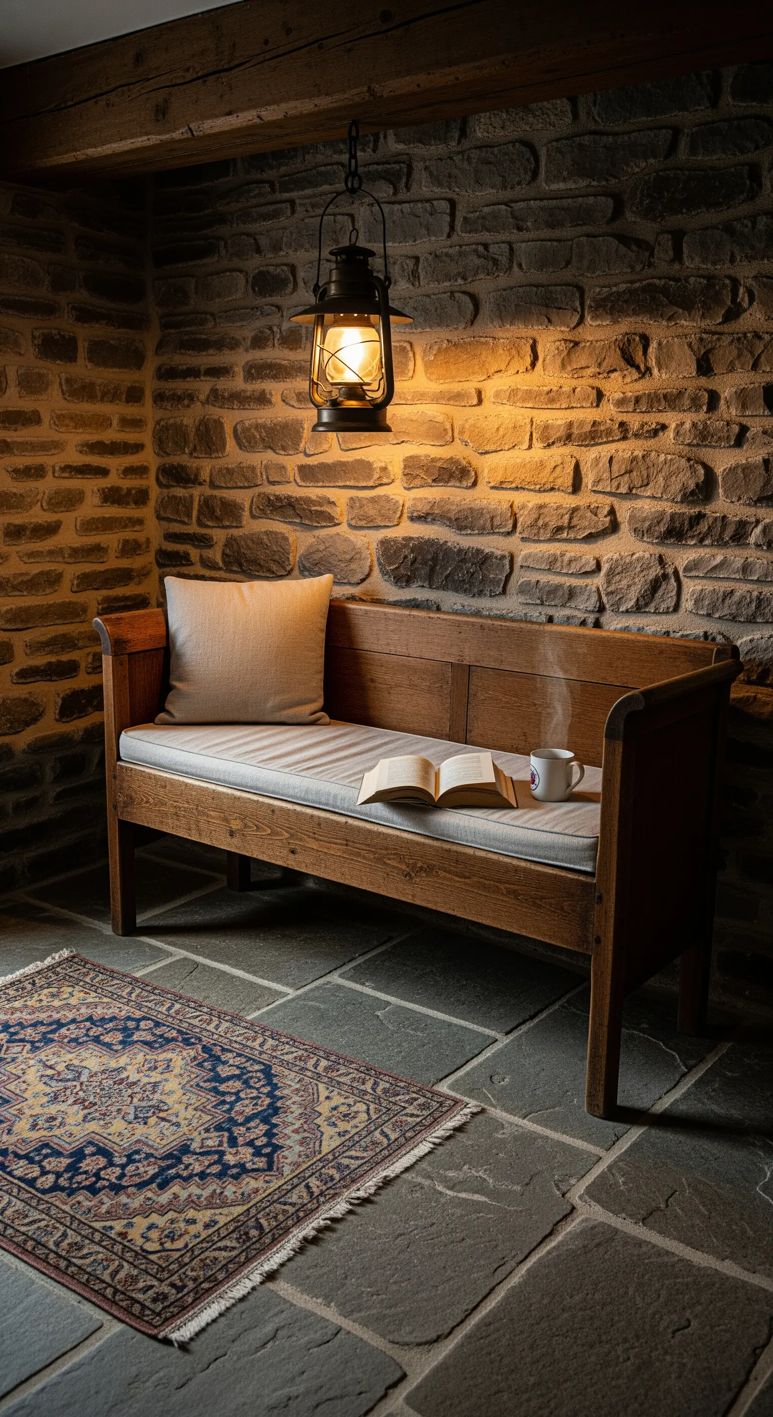Panca in legno in una nicchia di pietra, illuminata da una lanterna sospesa e con un tappeto a terra.