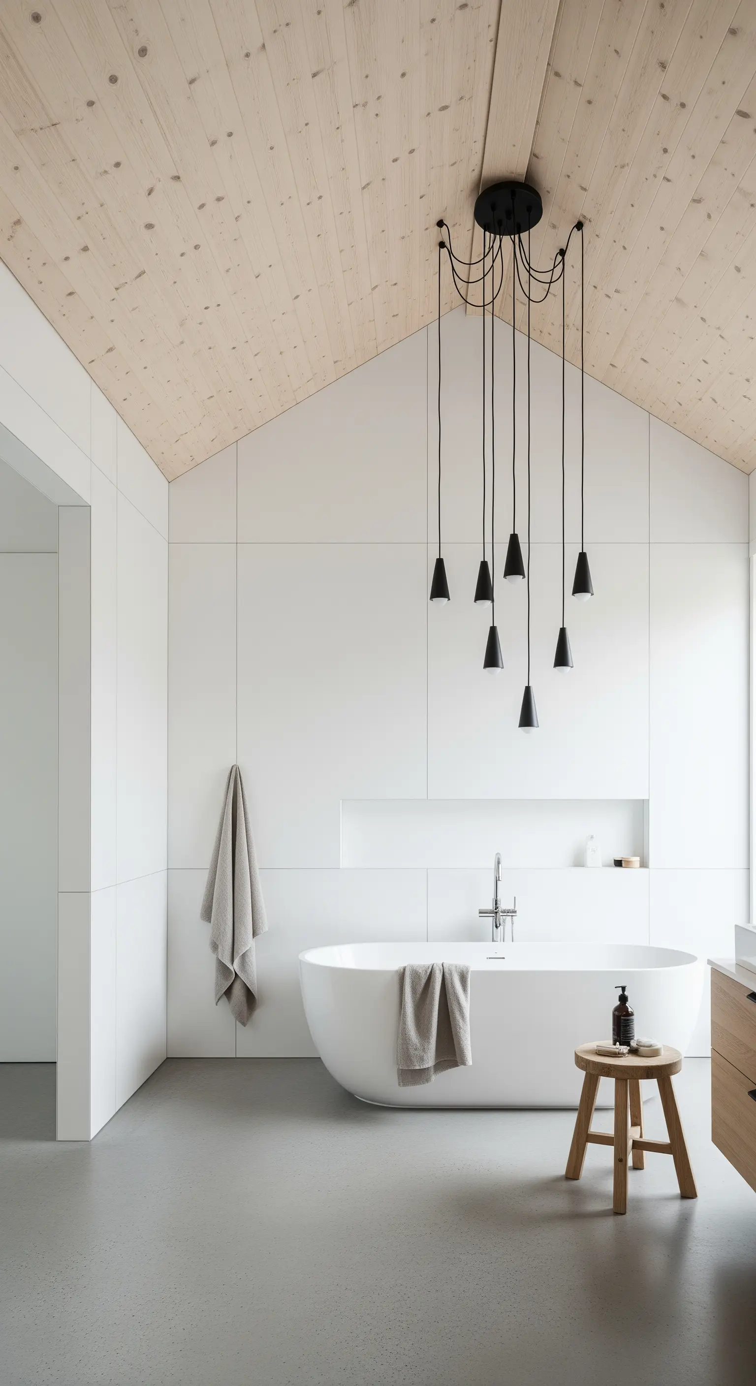 Bagno scandinavo minimalista con soffitto in legno chiaro e un gruppo di lampade a sospensione nere.