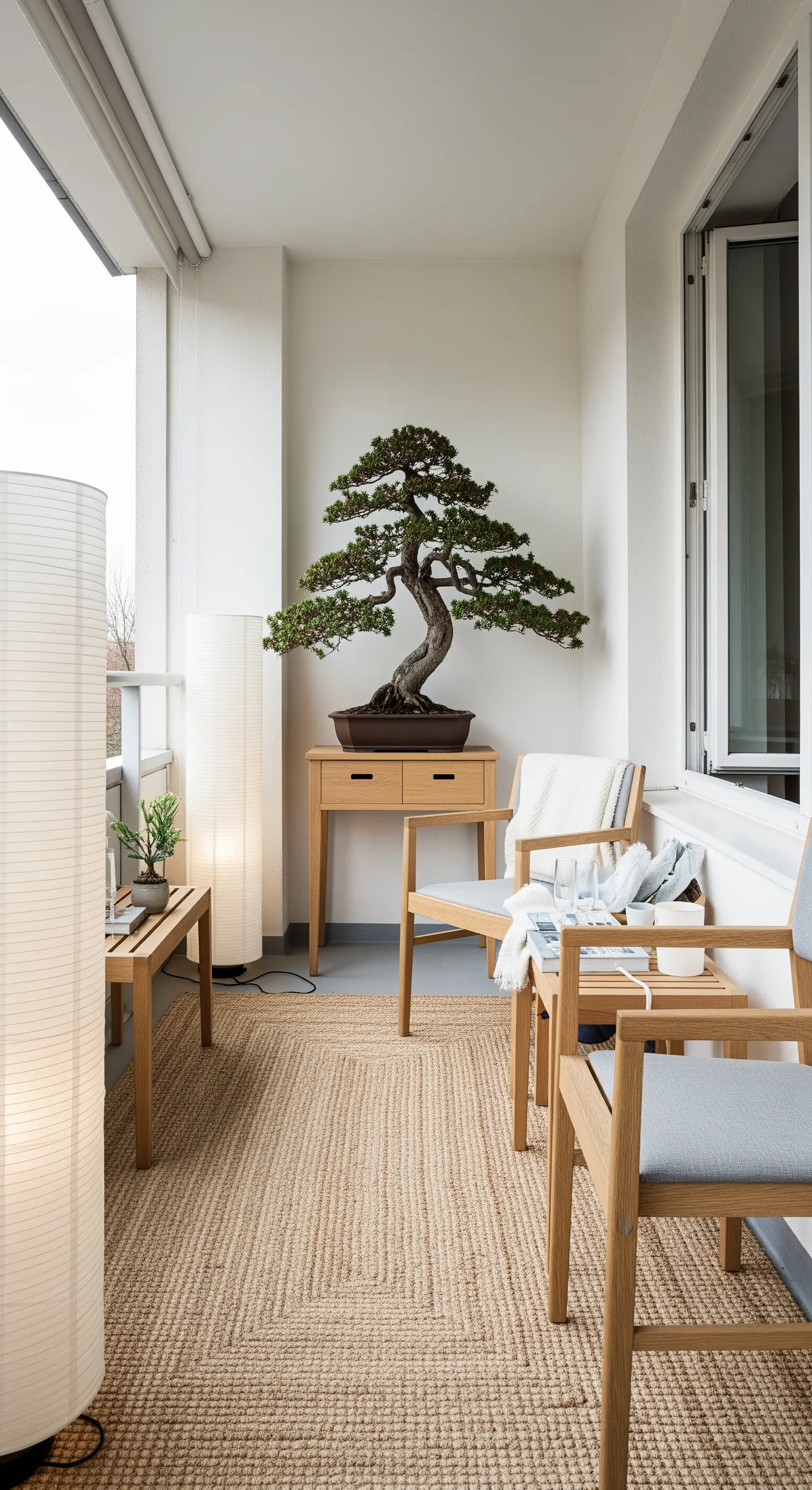 Balcone in stile Japandi con mobili in legno chiaro, tappeto in iuta e un grande bonsai.