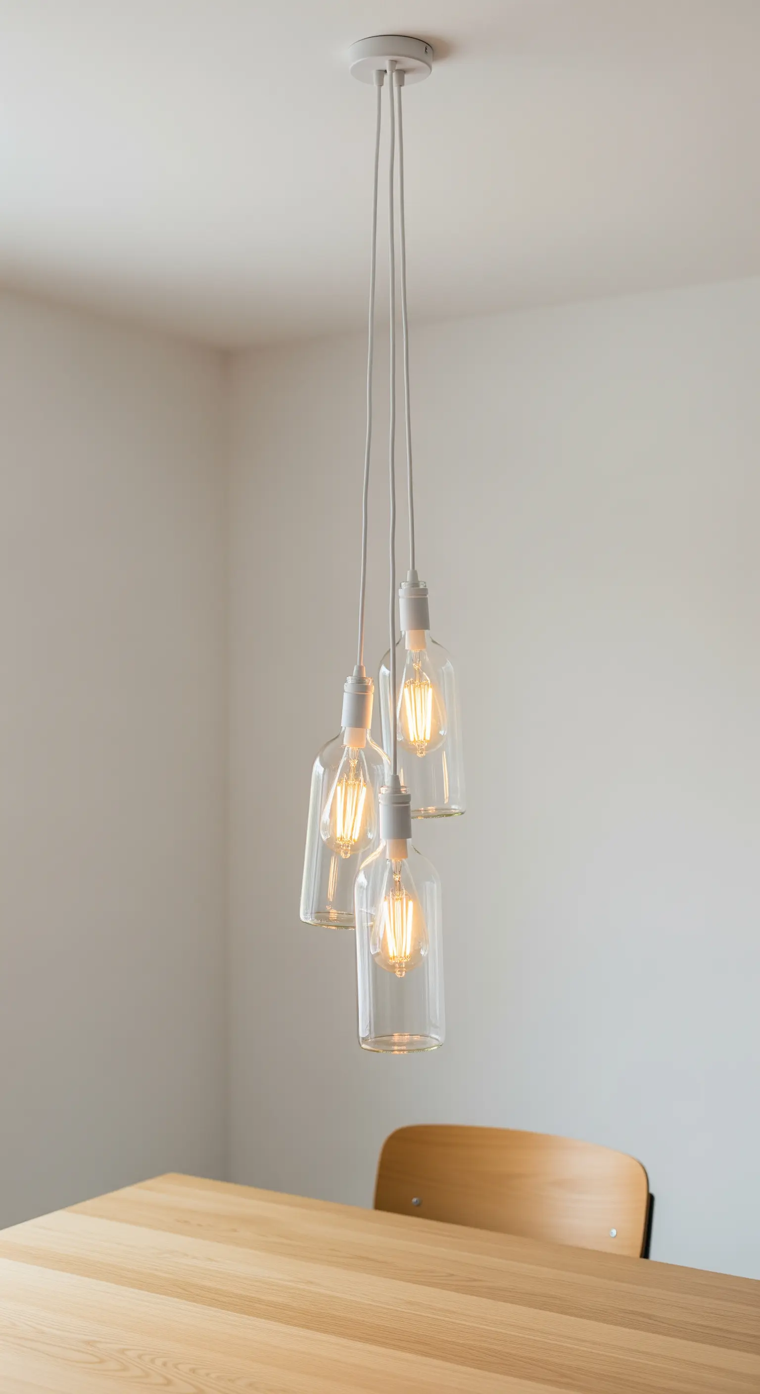 Trio di lampade minimaliste realizzate con bottiglie trasparenti e finiture bianche.