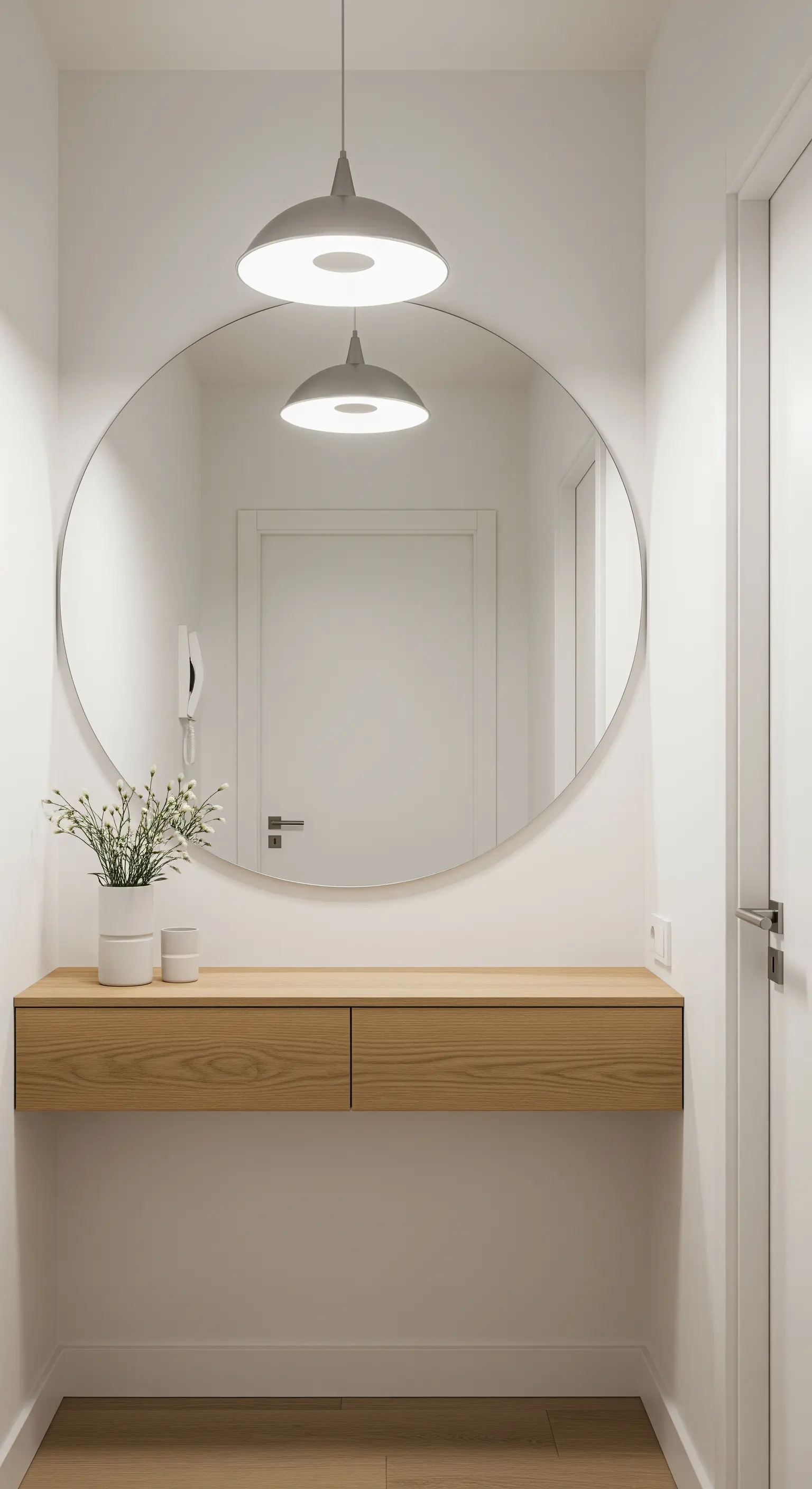 Consolle sospesa in rovere chiaro con doppio cassetto, specchio rotondo e due lampade a sospensione.