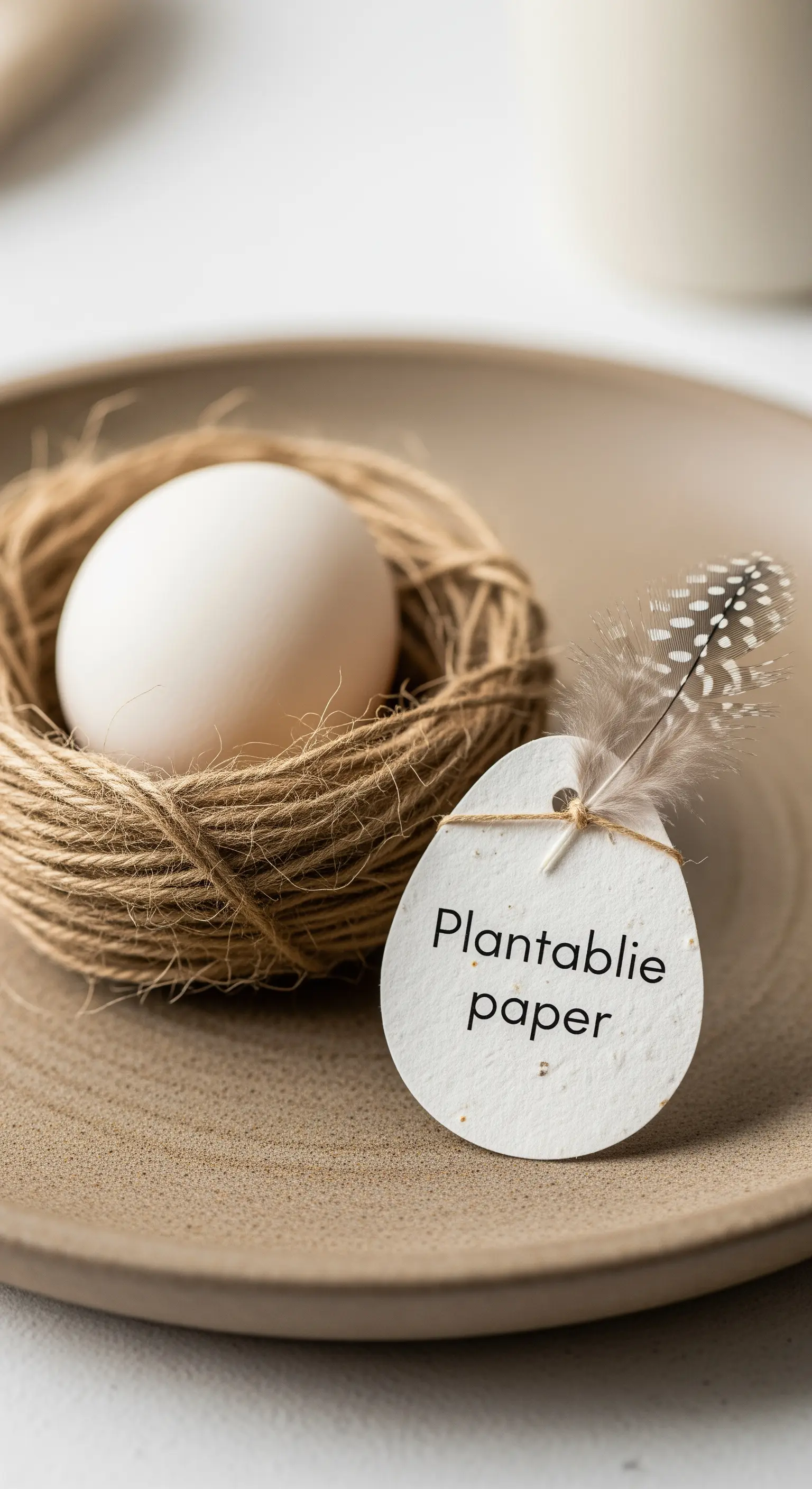 Nido in iuta con uovo bianco e segnaposto in carta piantabile.