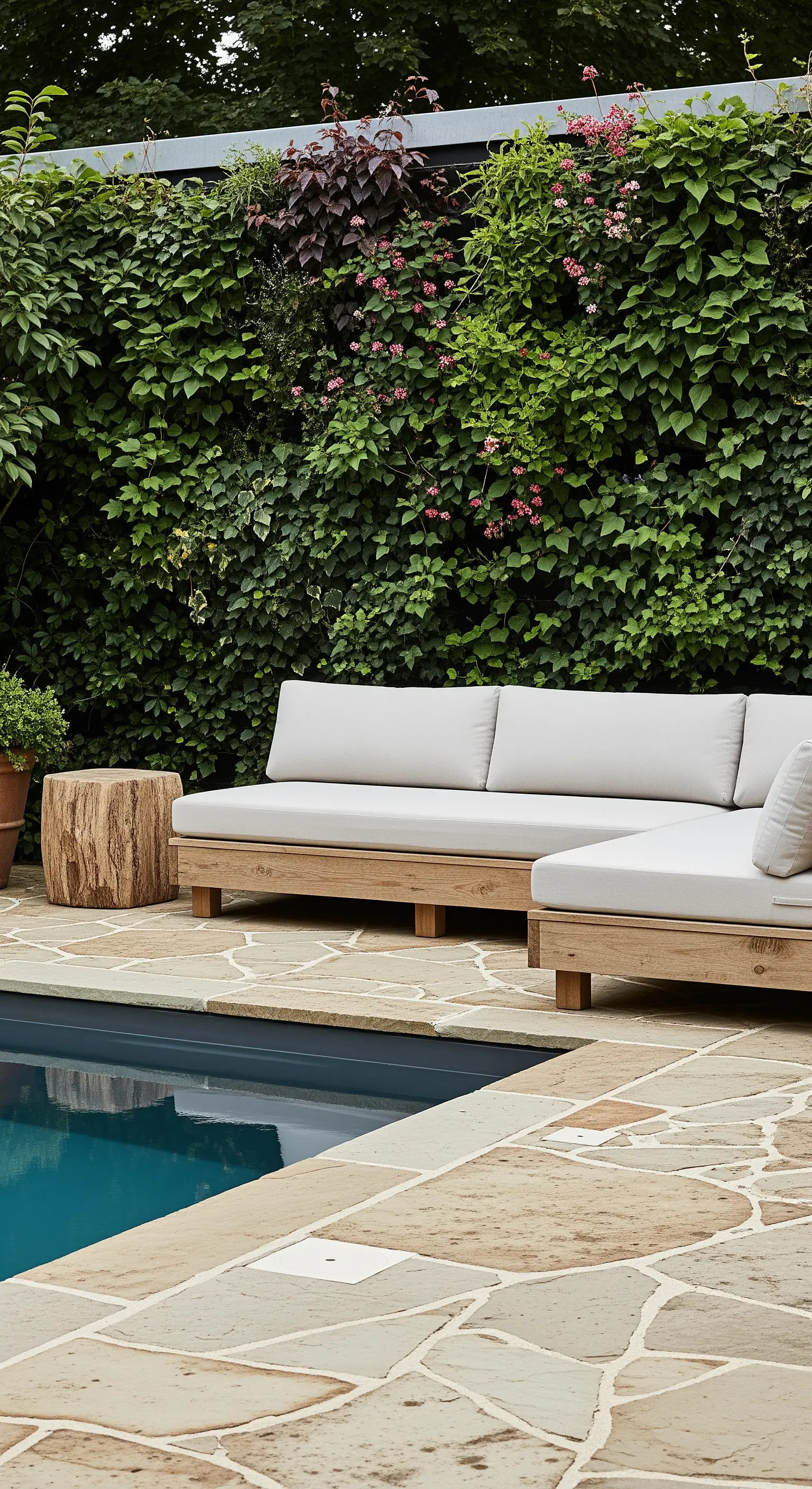 Divano in legno con cuscini chiari vicino a una piscina, con sfondo di edera.