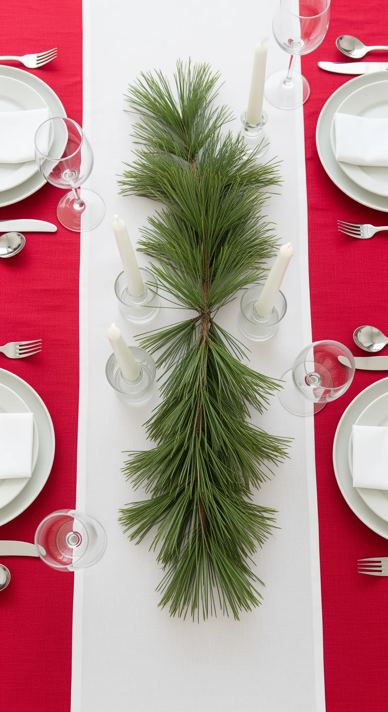 Runner minimalista con un semplice ramo di pino su tovaglia rossa e bianca.