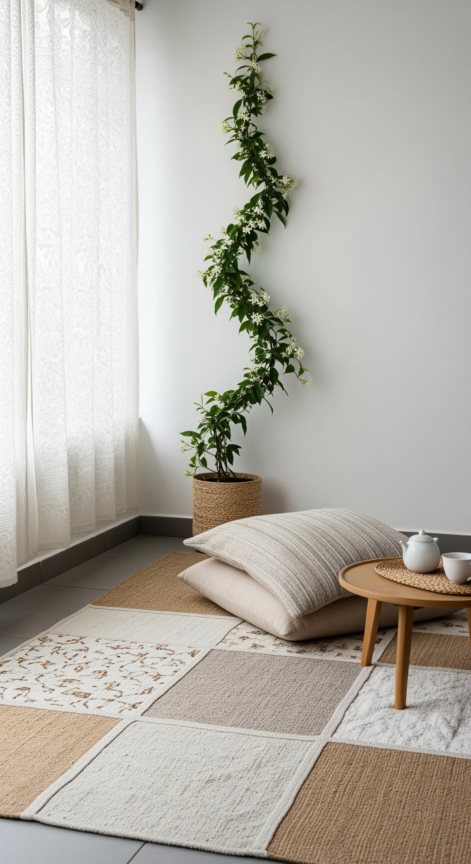 Angolo relax minimale con tappeto in iuta e cotone, cuscini a terra e un gelsomino rampicante.