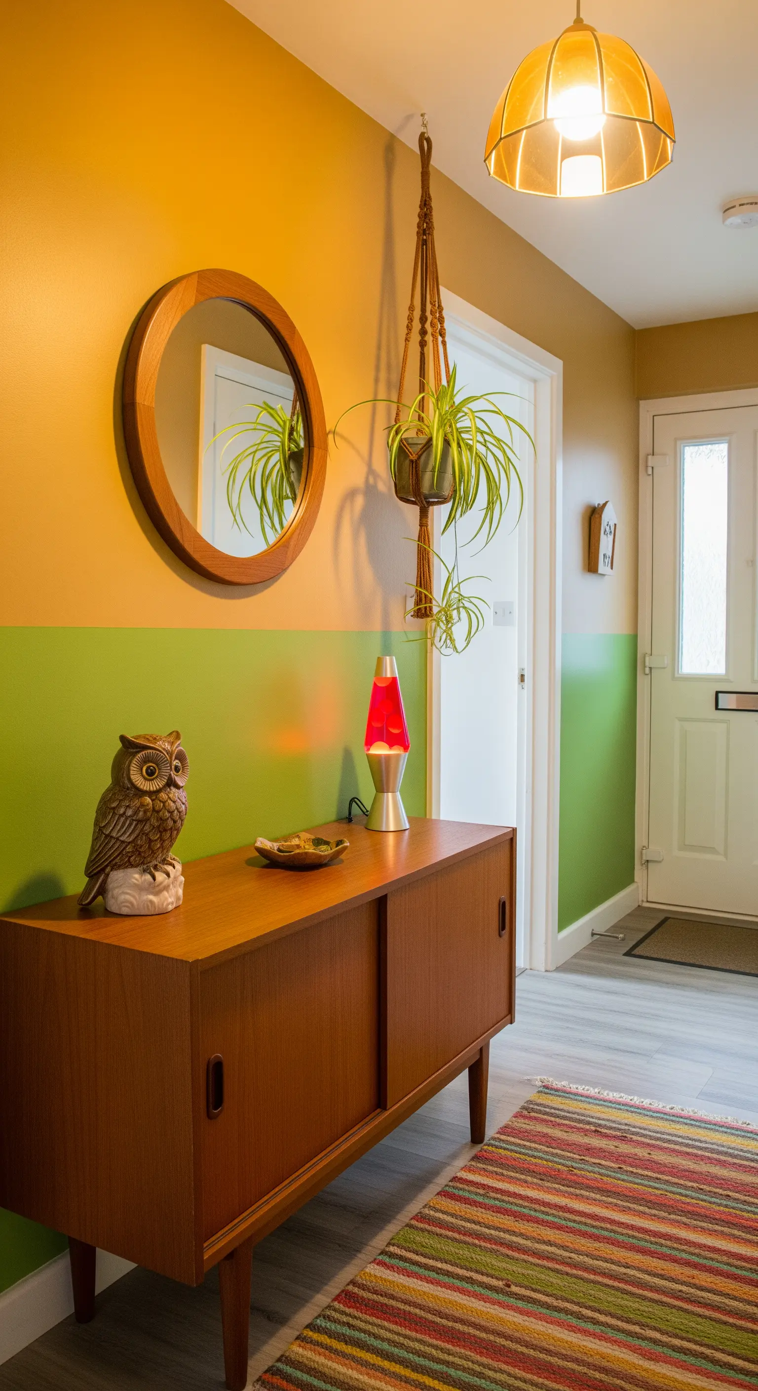 Ingresso in stile anni '70 con parete senape e verde, e mobile in teak.