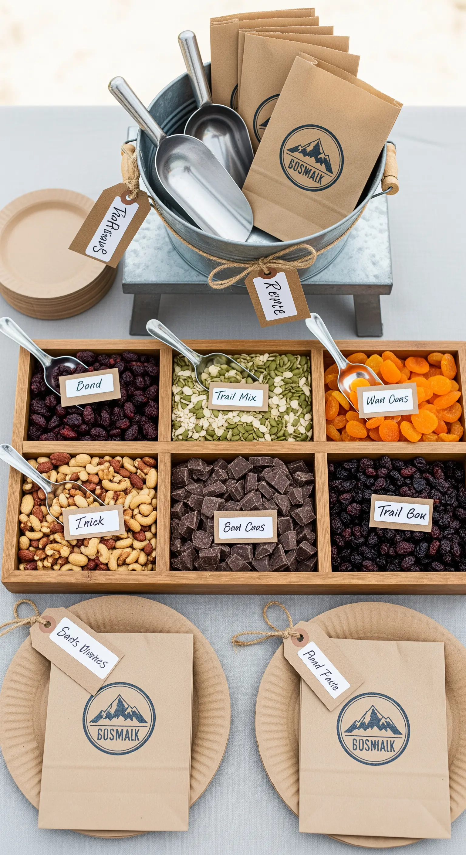 Trail mix bar con frutta secca, semi e cioccolato in un contenitore di legno a scomparti.