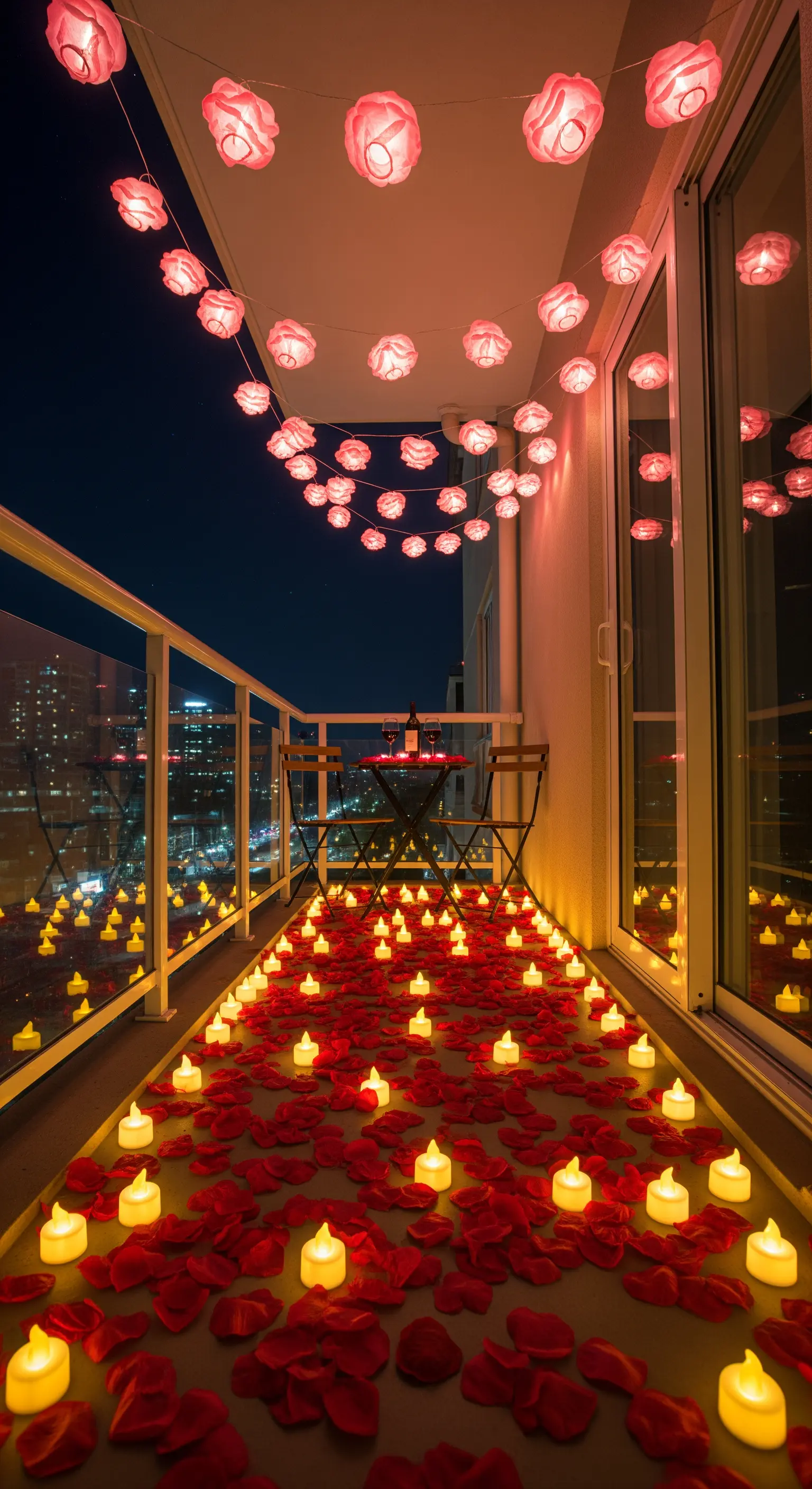Balcone stretto e lungo interamente coperto di candele LED e petali di rosa rossi