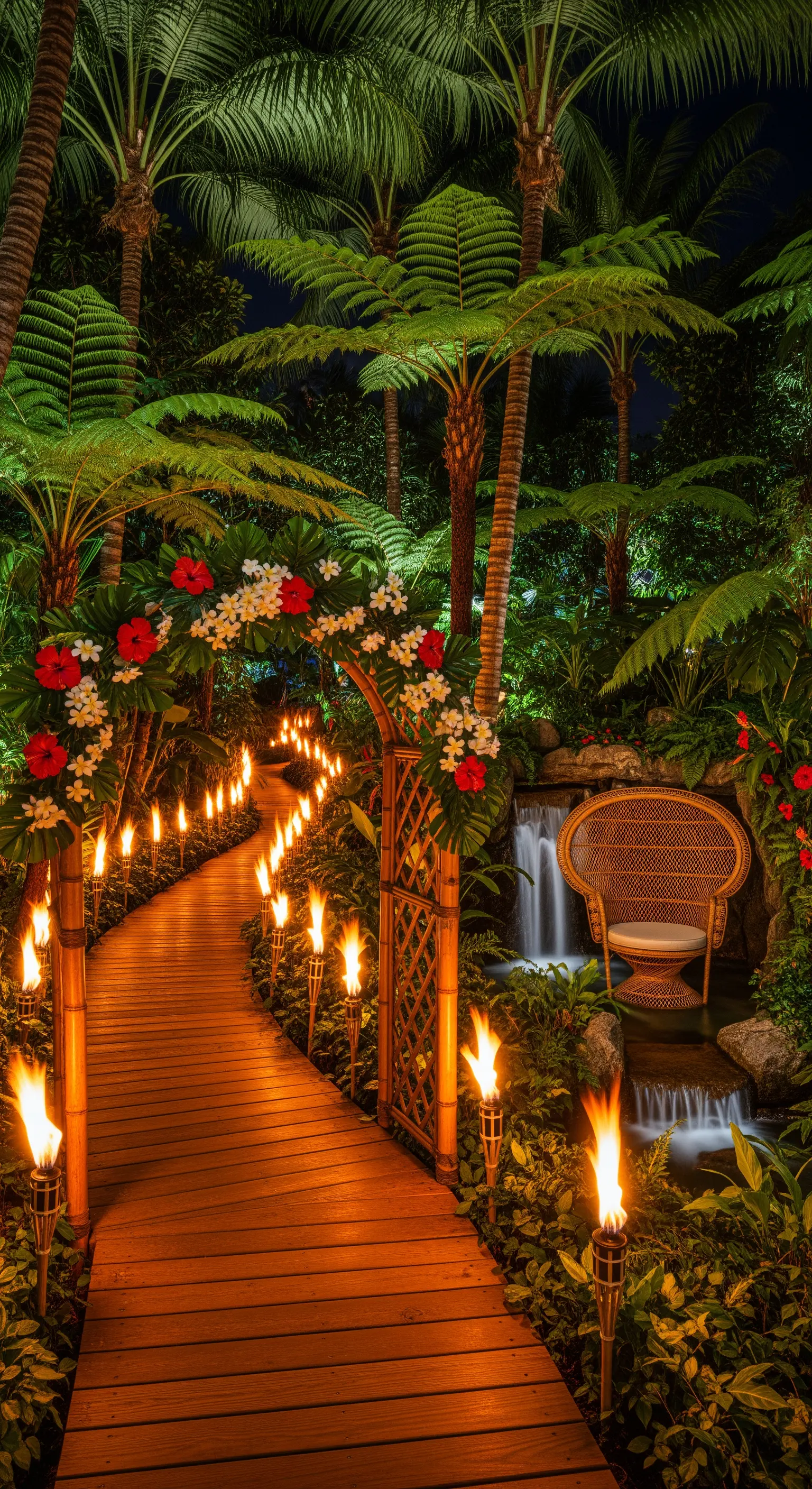 Passerella in legno in un giardino tropicale, illuminata ai lati da torce di bambù accese.