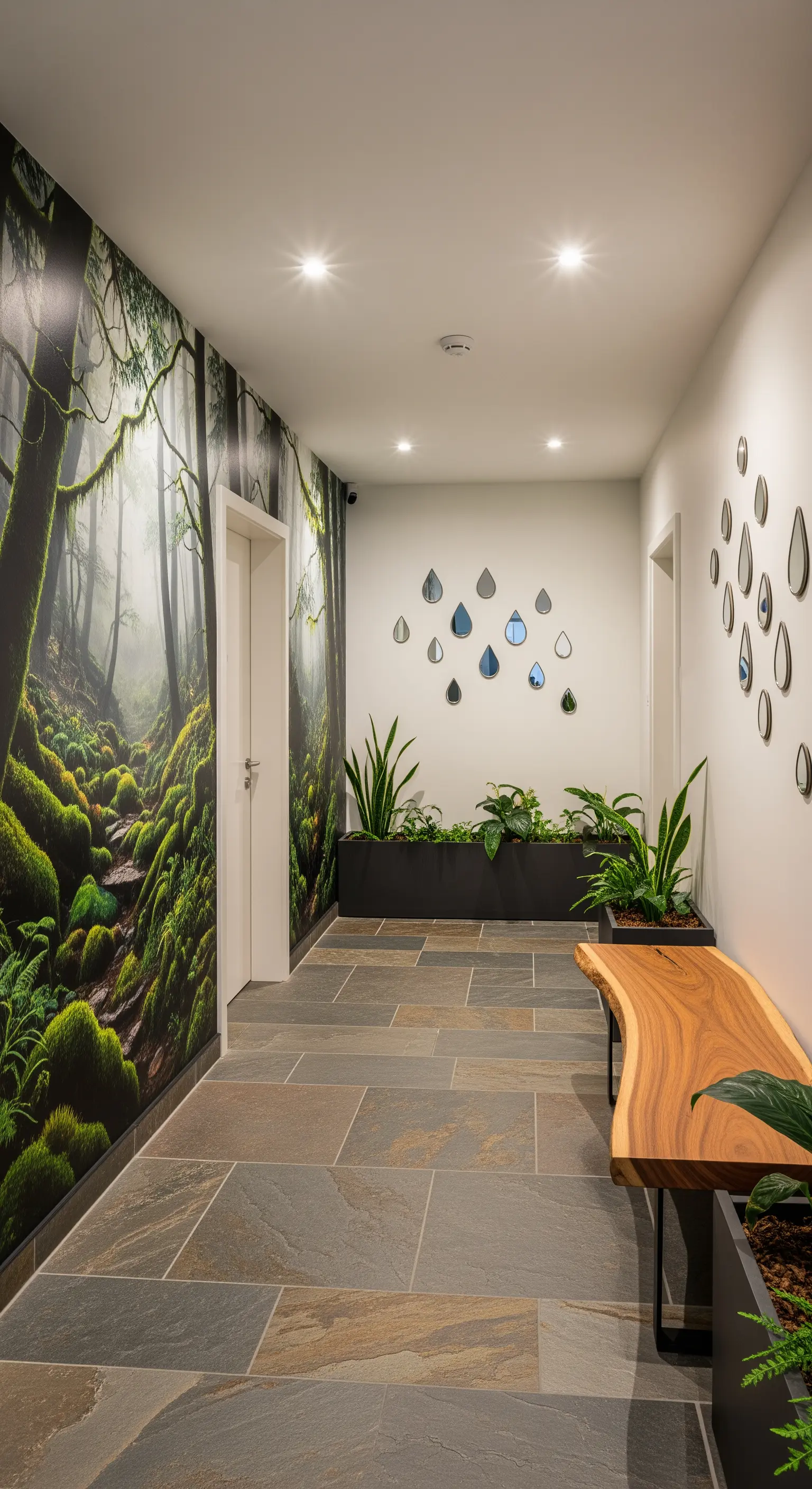 Corridoio con murale di una foresta, panca in legno massiccio e specchi a forma di goccia.