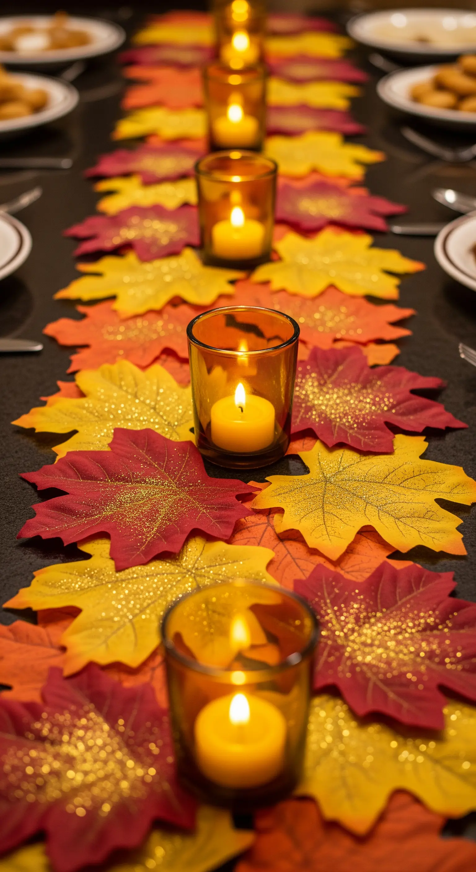 Runner creato con foglie autunnali finte e glitter, con portacandele in vetro ambrato.