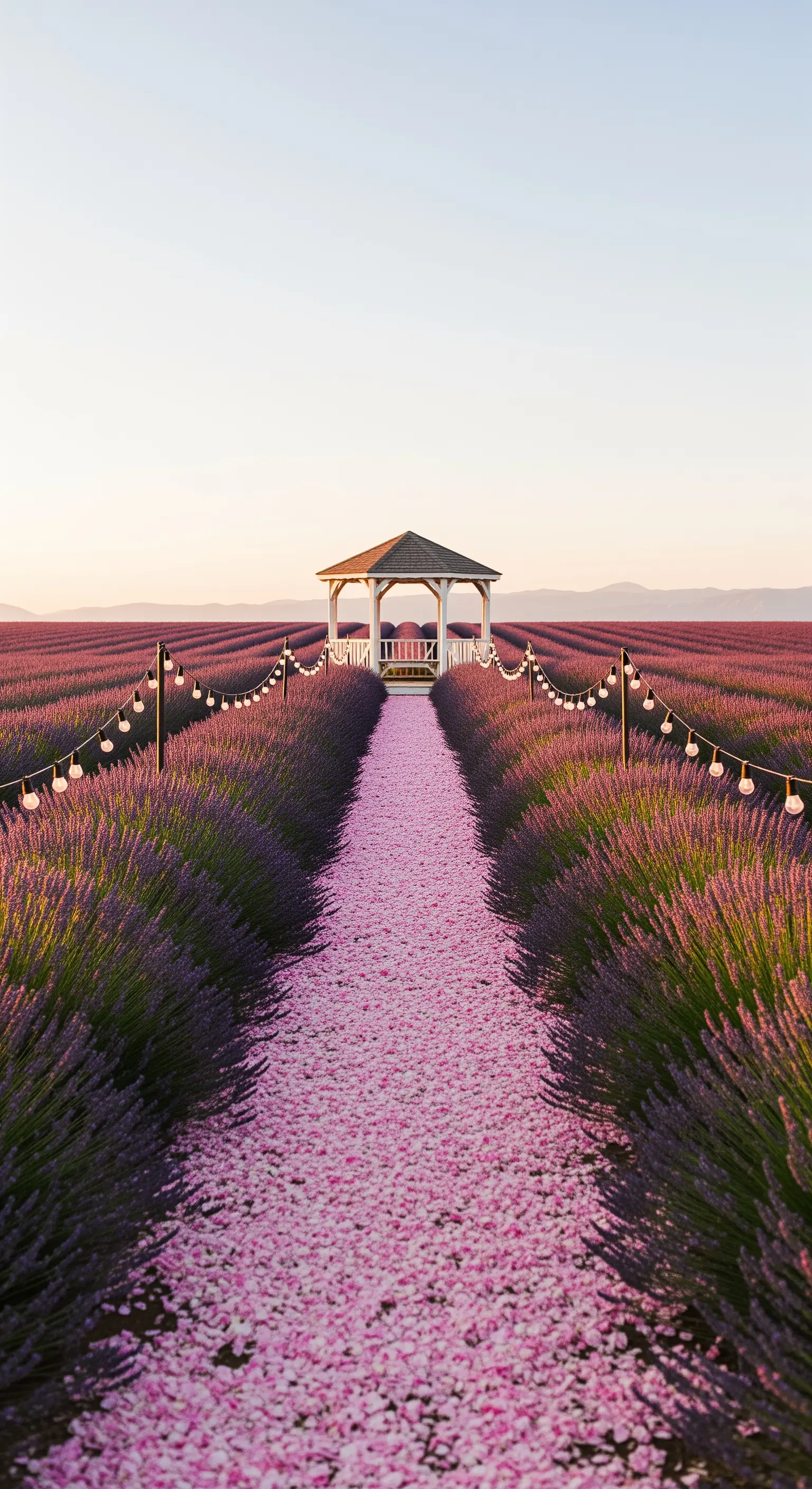 Campo di lavanda con gazebo, sentiero di petali rosa e luci a catenaria su pali.