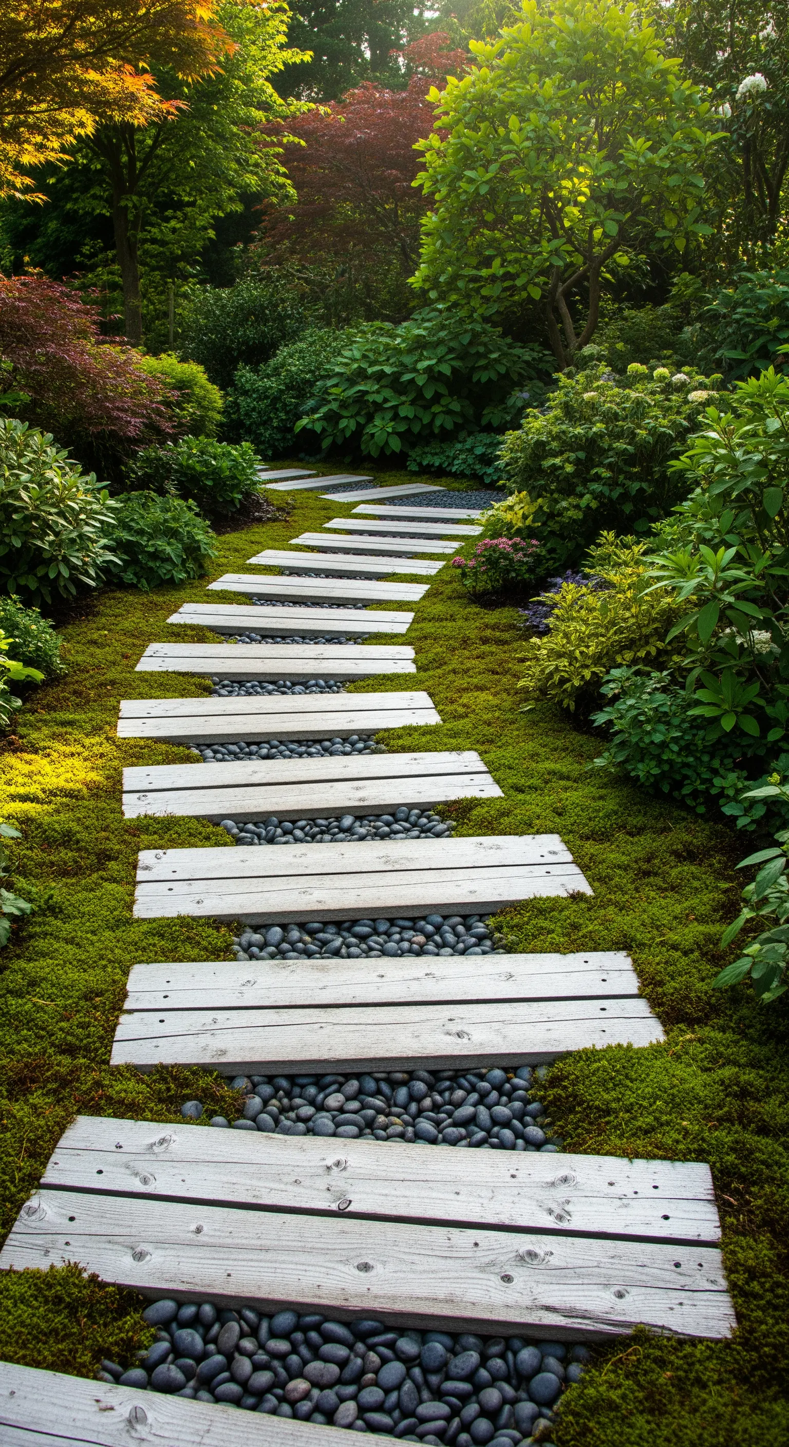Sentiero da giardino creato con assi di pallet sbiancate posate su muschio e sassi neri.