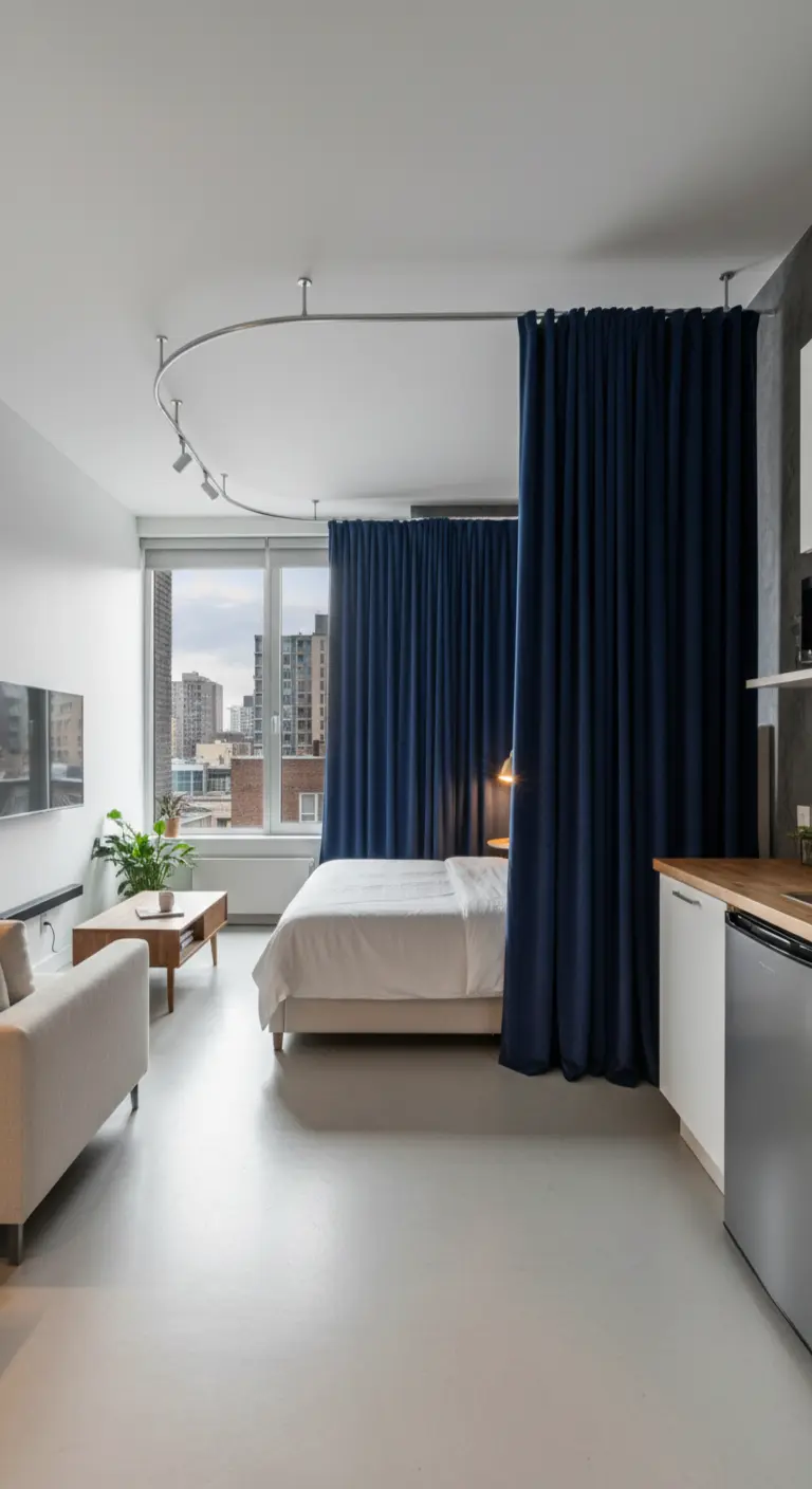 Monolocale con una tenda blu scuro a soffitto che separa la zona letto dal resto dello spazio.