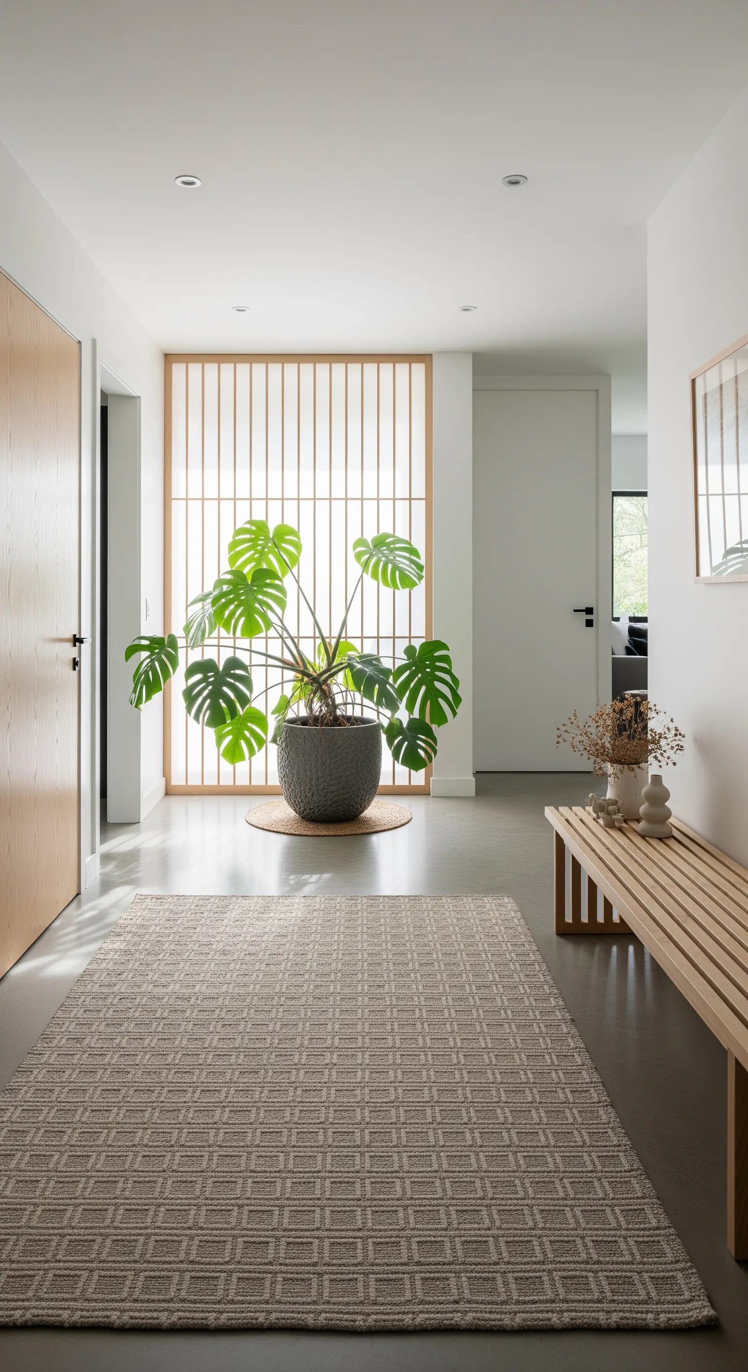 Foyer moderno con divisorio a listelli in legno, grande Monstera e tappeto geometrico.