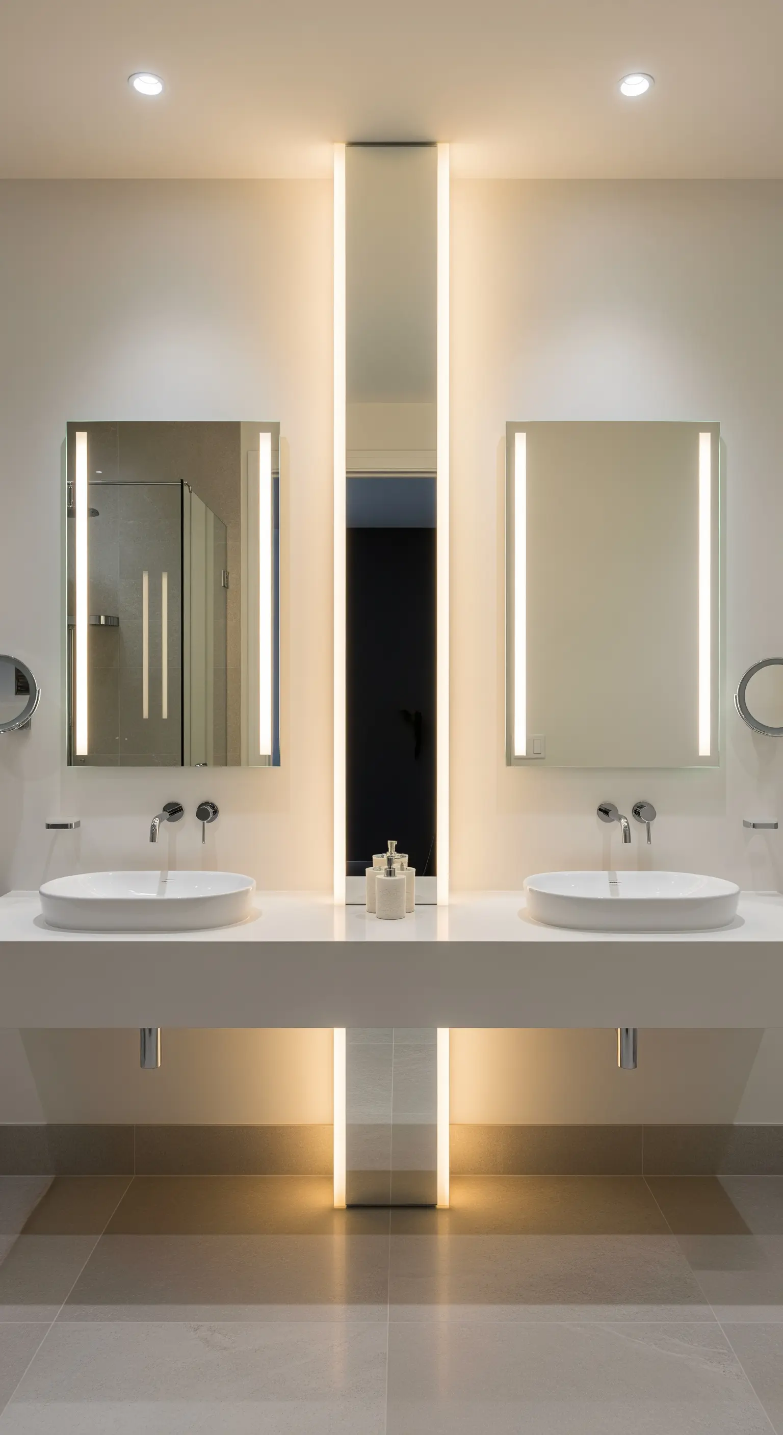 Doppio lavabo con due specchi separati da una striscia verticale di luce e specchio.