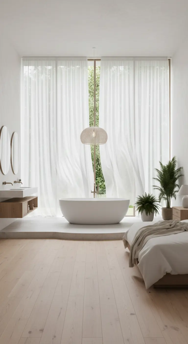 Ampio open space con zona notte e zona bagno separate da tende bianche e leggere.