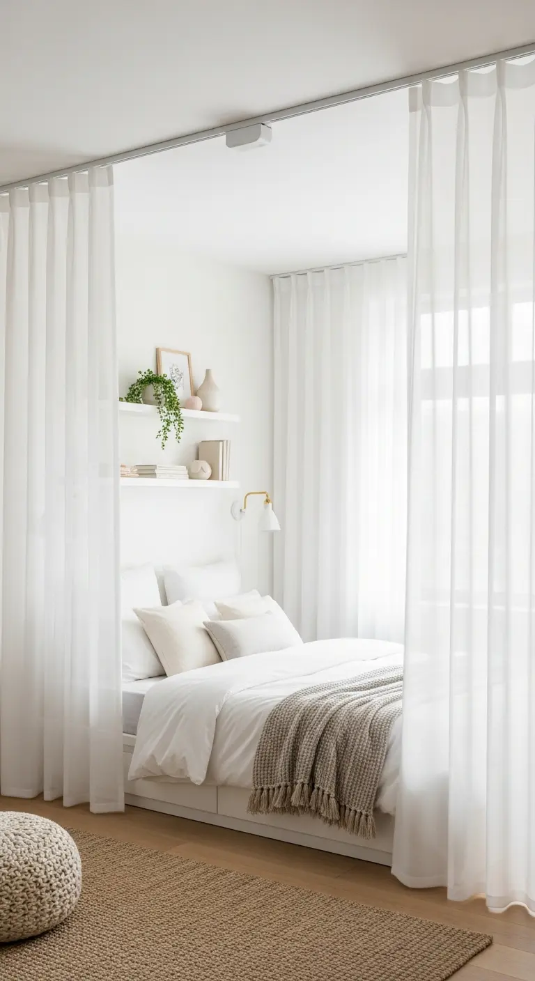 Letto in un'alcova definita da tende bianche trasparenti montate su binari a soffitto.