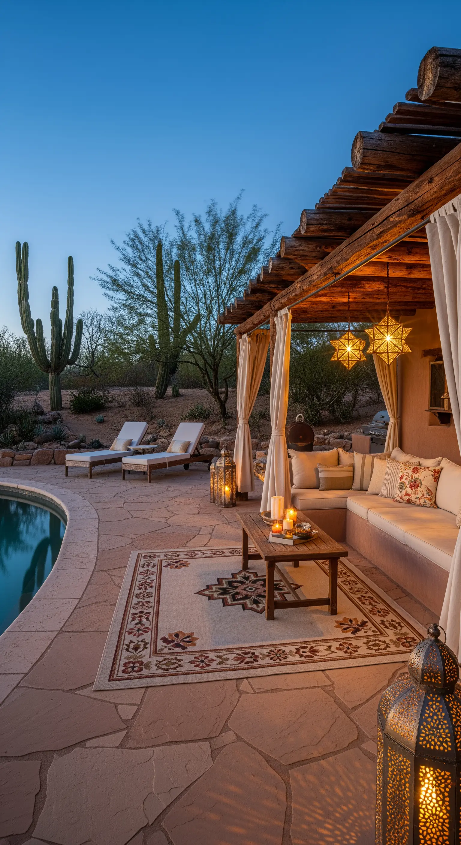 Patio a bordo piscina con divano in muratura, tende color crema e lanterne in stile marocchino.