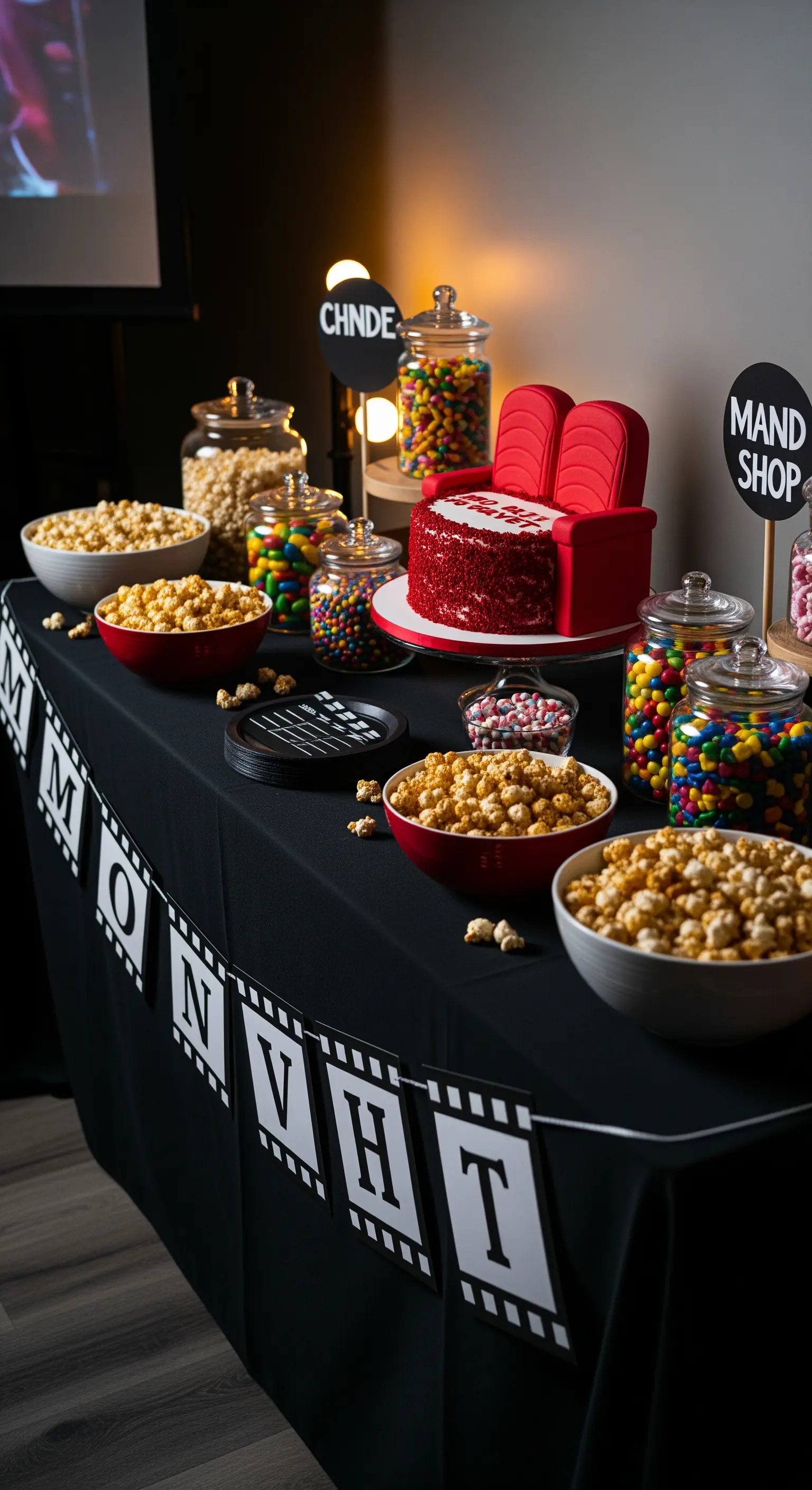 Buffet a tema cinema con popcorn, caramelle, torta a forma di poltrona e decorazioni a pellicola.