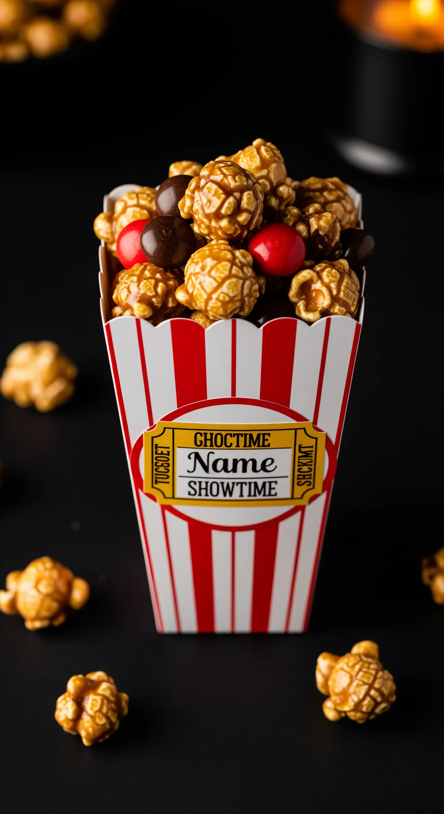 Scatola da popcorn a righe con popcorn al caramello e cioccolatini colorati.