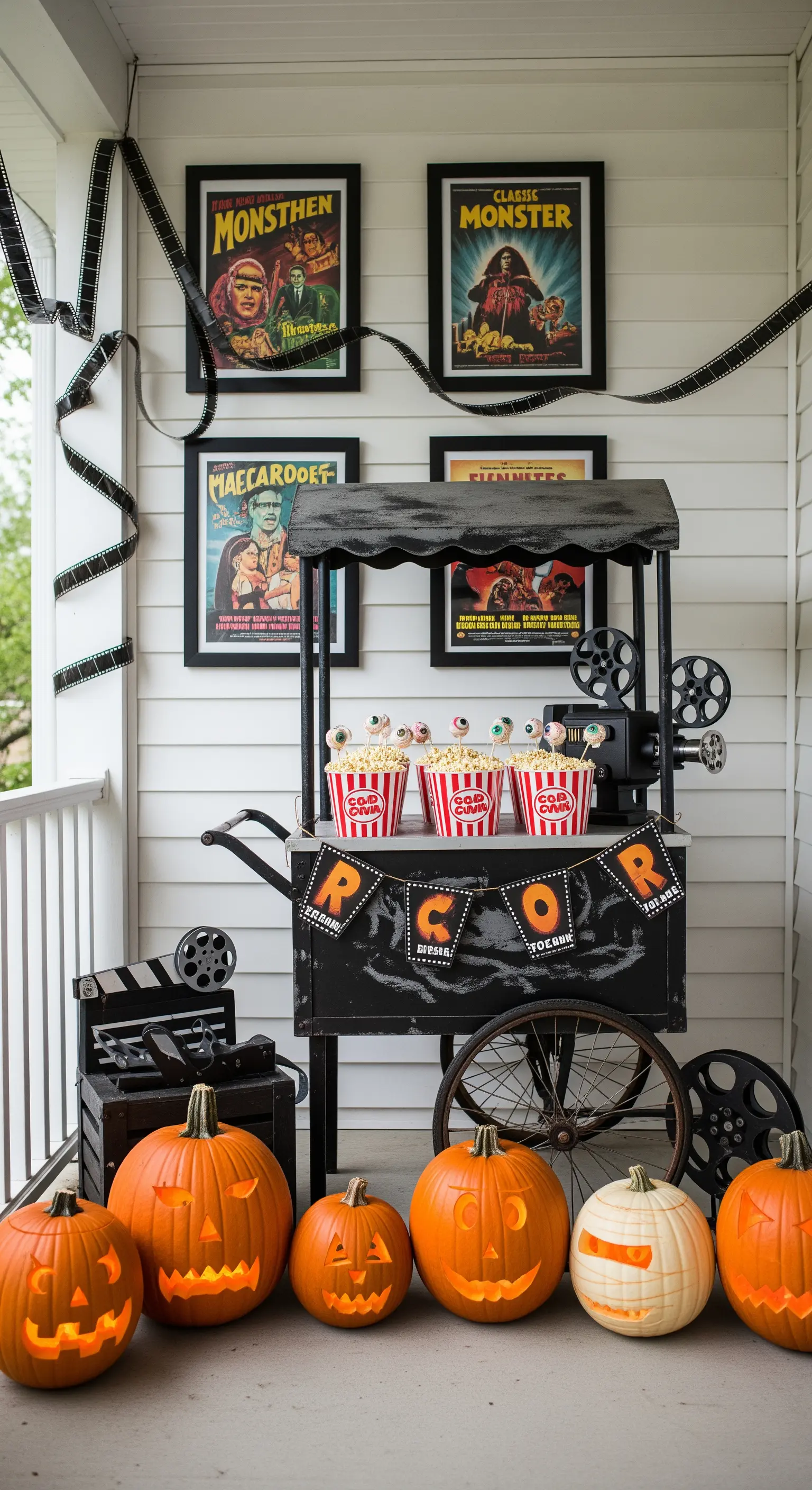 Un angolo cinema horror vintage con locandine di film, un carretto dei popcorn e zucche intagliate.