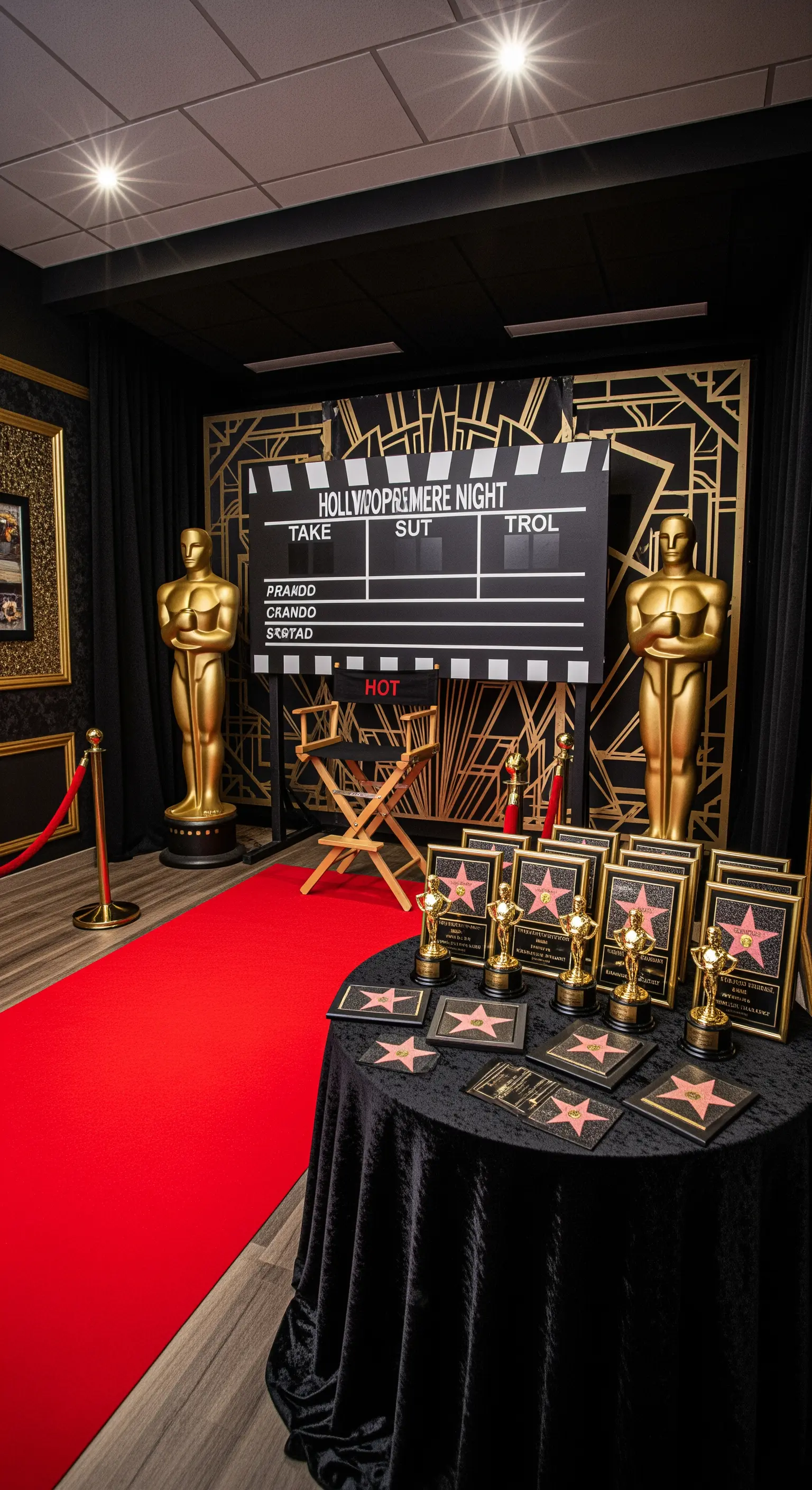 Un allestimento a tema Hollywood con tappeto rosso, statue Oscar e premi personalizzati.