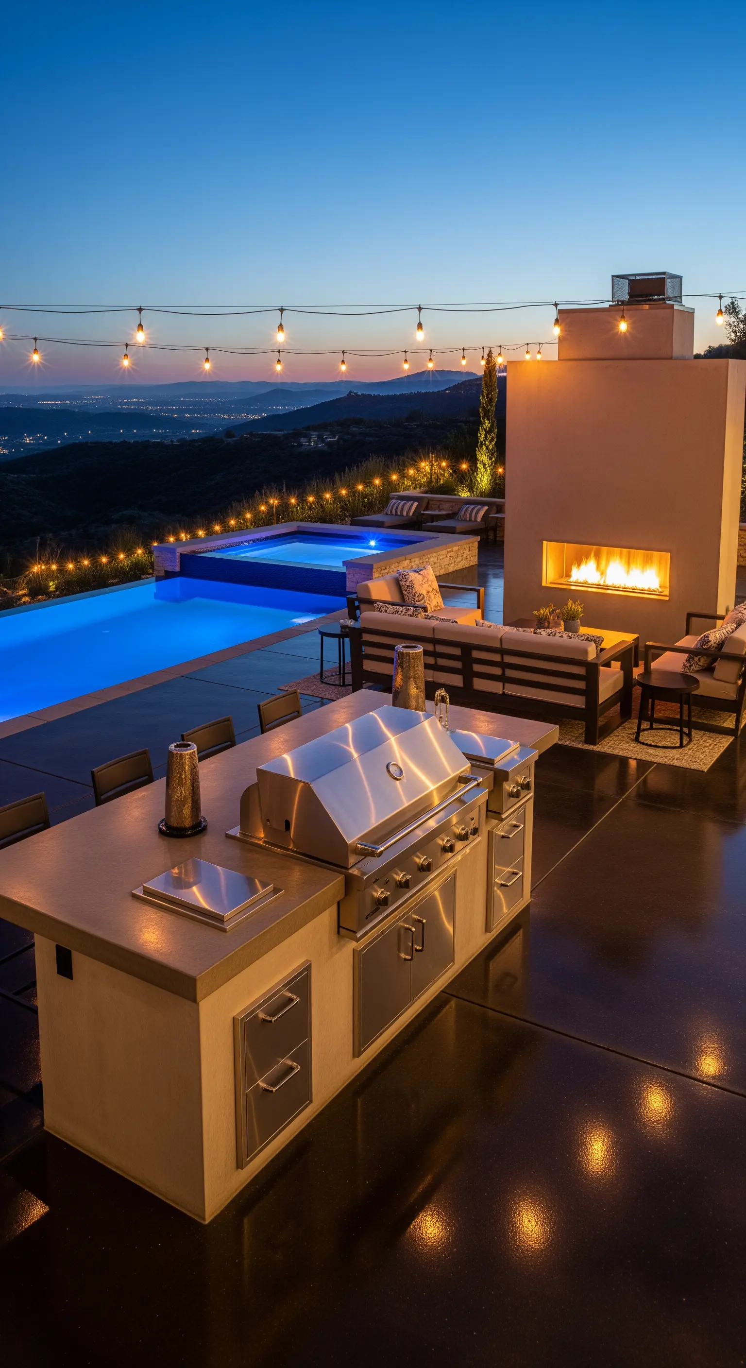 Cucina e salotto outdoor con camino, piscina illuminata e luci a catenaria al tramonto.