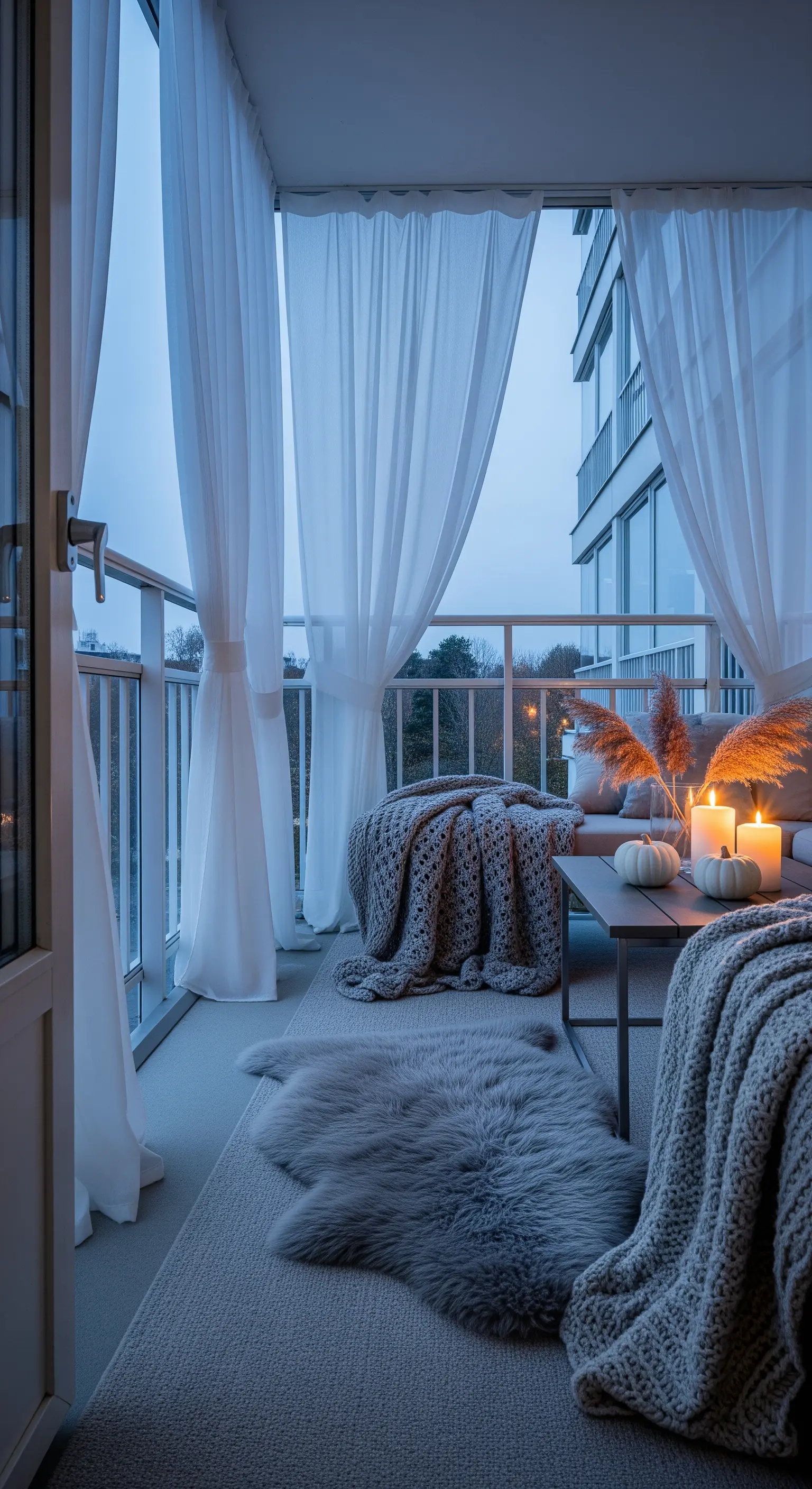Balcone con arredi moderni, coperte grigie, pelli sintetiche e tende bianche per un'atmosfera autunnale.